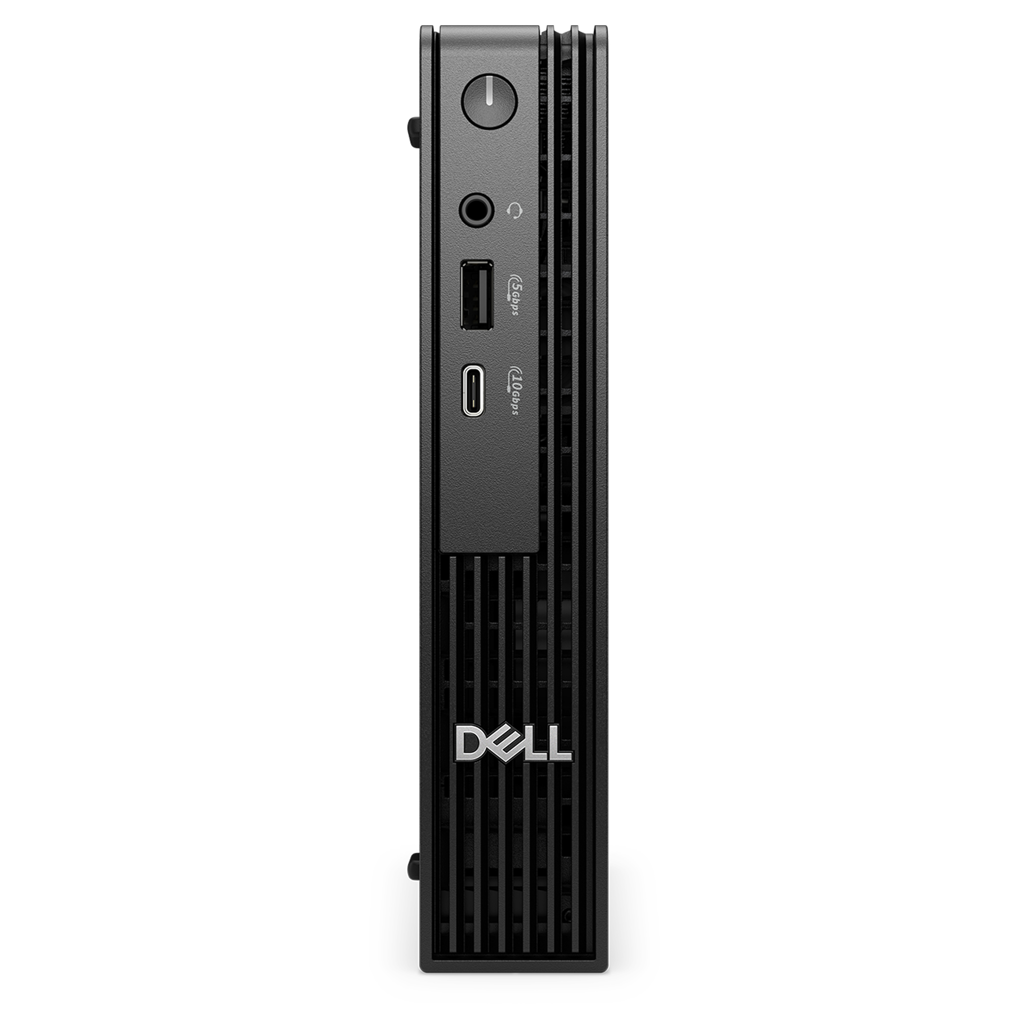 Portlar ve havalandırma delikleri olan siyah Dell mini PC.
