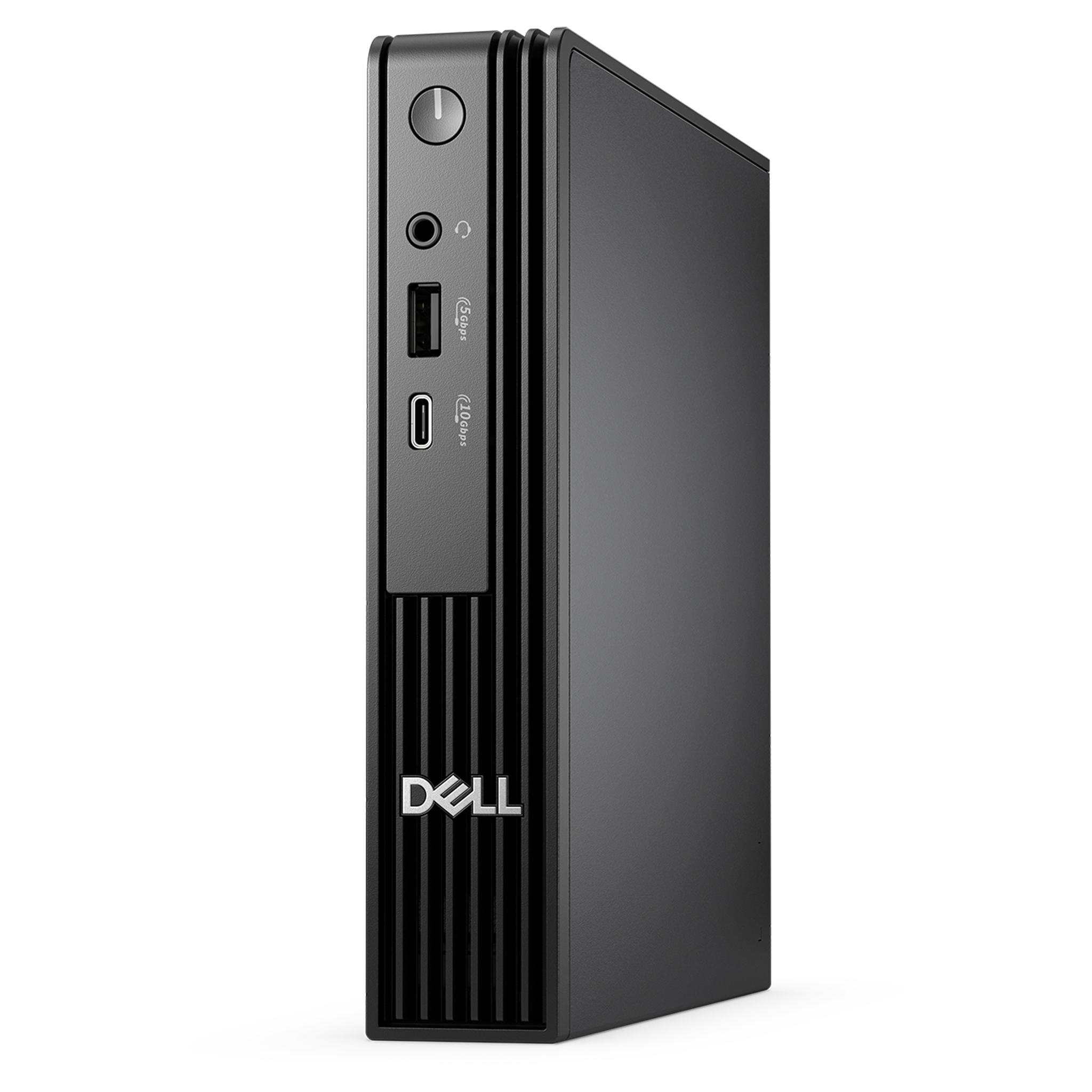 Güç düğmesi, ses jakı ve USB bağlantı noktalarına sahip siyah bir Dell mini PC.