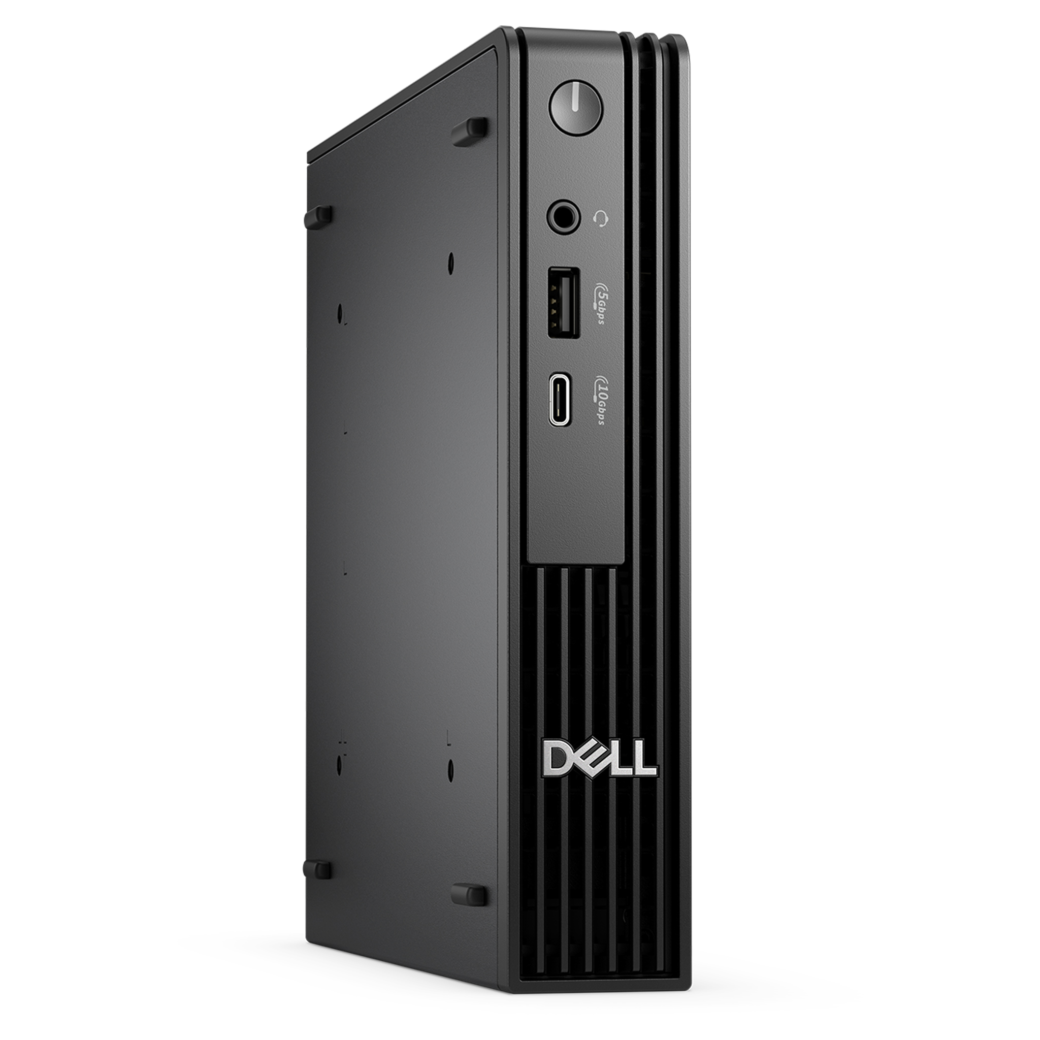 USB bağlantı noktaları, kulaklık jakı ve güç düğmesi olan siyah Dell mini PC.