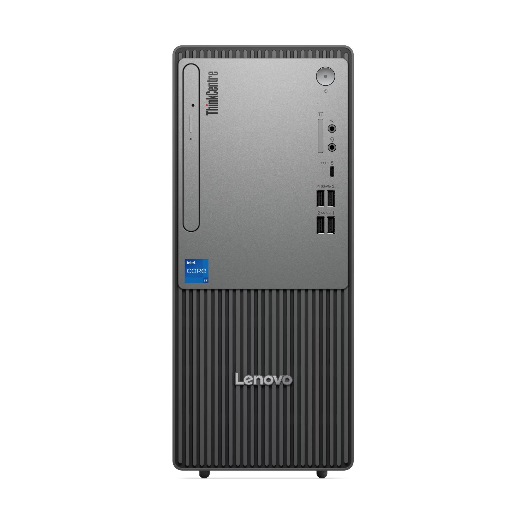 Intel Core i7 etiketli gri bir Lenovo ThinkCentre masaüstü bilgisayar.