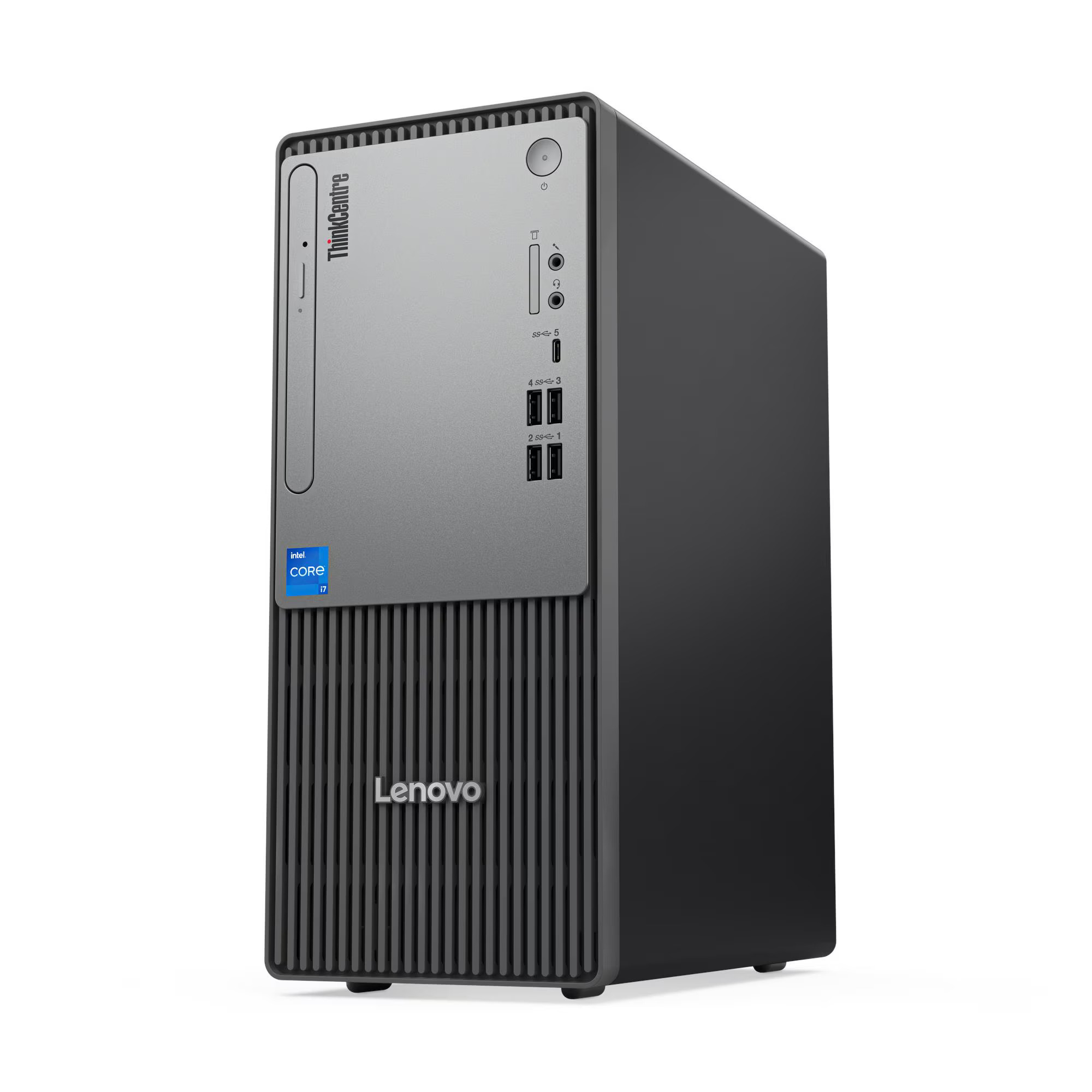 Intel Core i7 markalı şık siyah bir Lenovo ThinkCentre PC.
