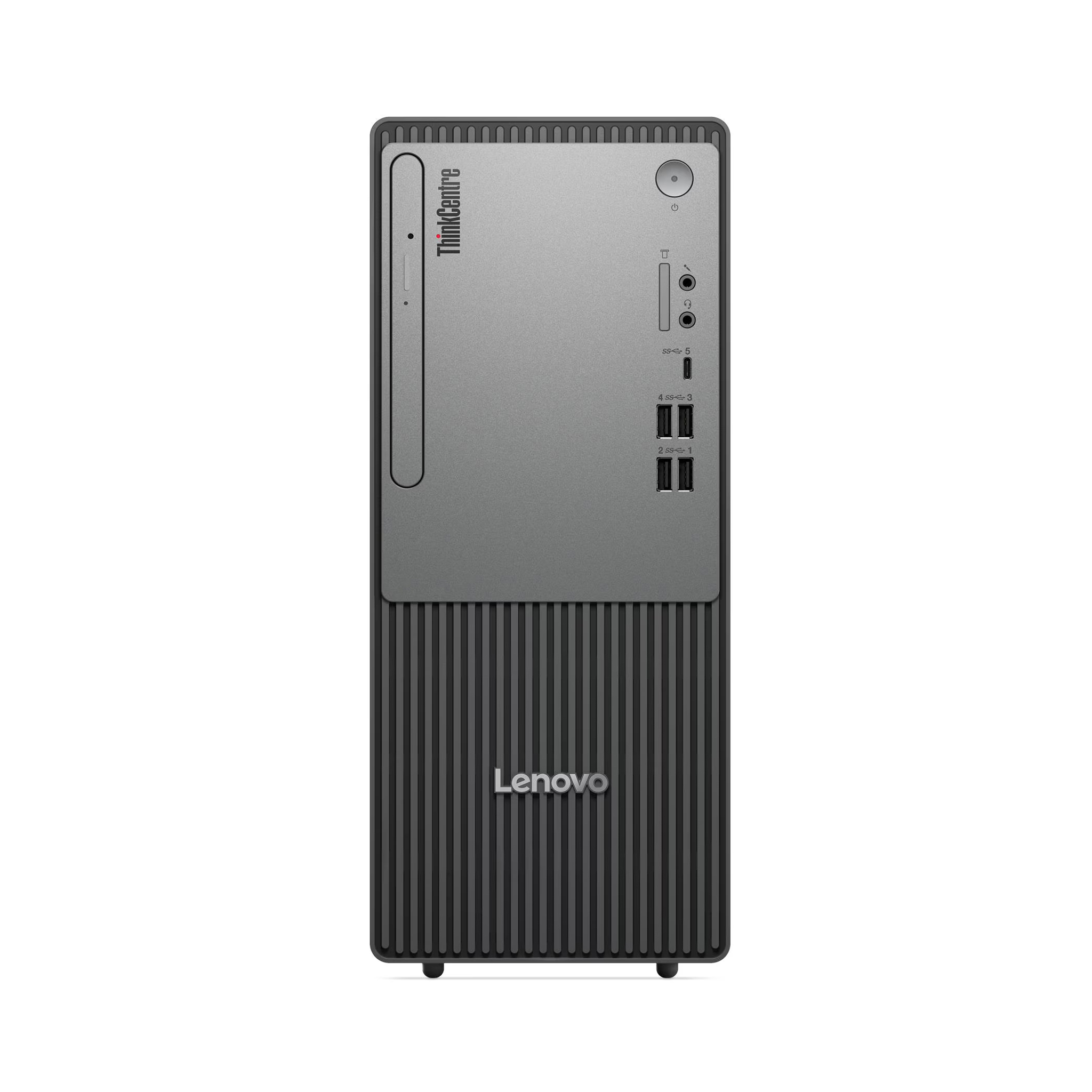 Altta dikey olukları ve üstte bağlantı noktaları olan gri Lenovo ThinkCentre PC.