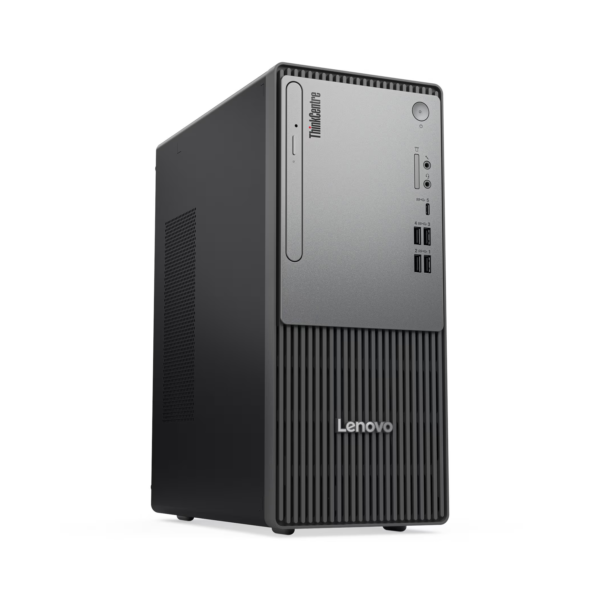 Dikey havalandırma yuvalarına sahip gri bir Lenovo ThinkCentre masaüstü bilgisayar.