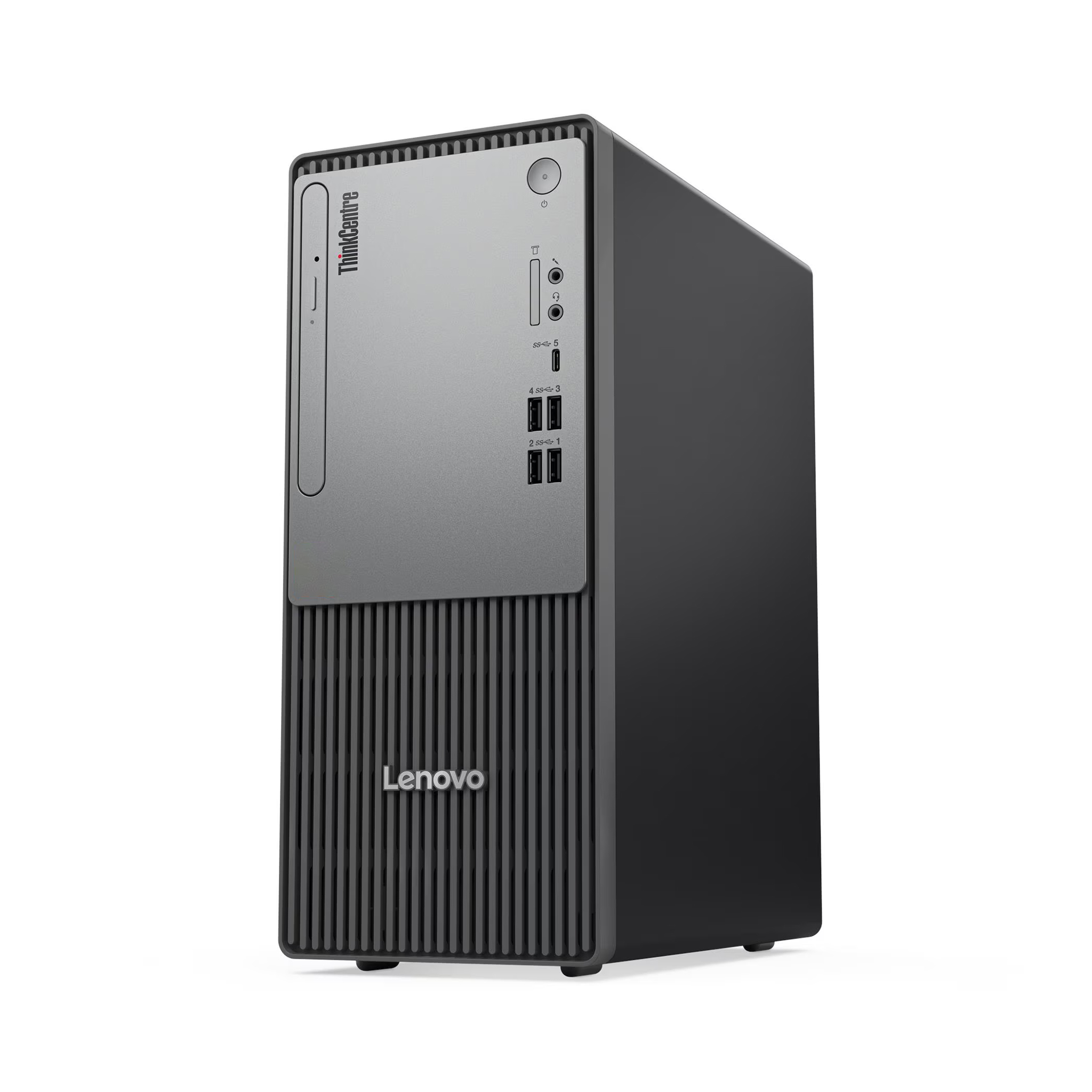 Ön bağlantı noktalarına ve havalandırma deliklerine sahip gri bir Lenovo ThinkCentre masaüstü bilgisayar.