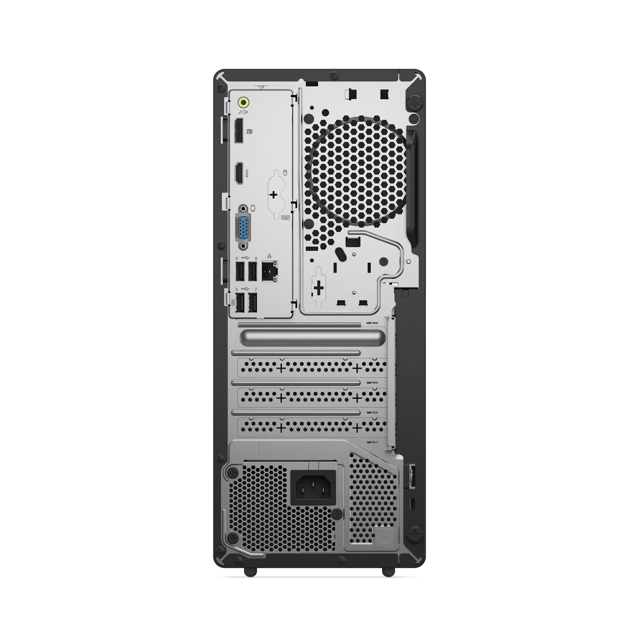 PC'nin arkası, USB, HDMI, VGA ve güç konektörü gibi bağlantı noktaları görünüyor.