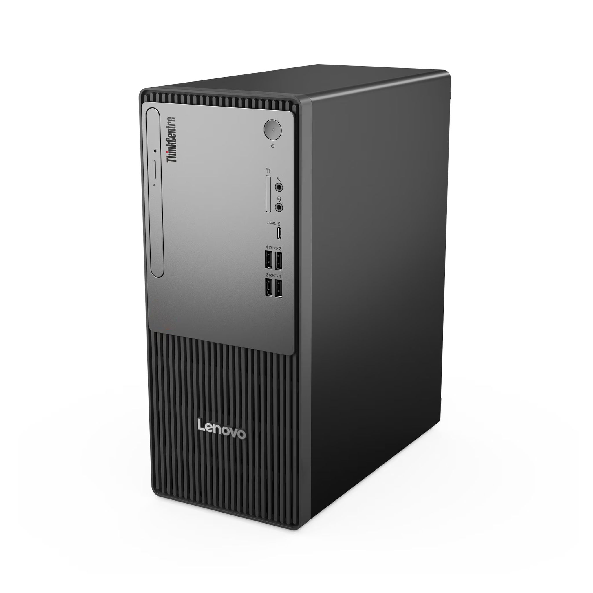 Siyah Lenovo ThinkCentre masaüstü bilgisayar, gümüş ön panel ve bağlantı noktaları.