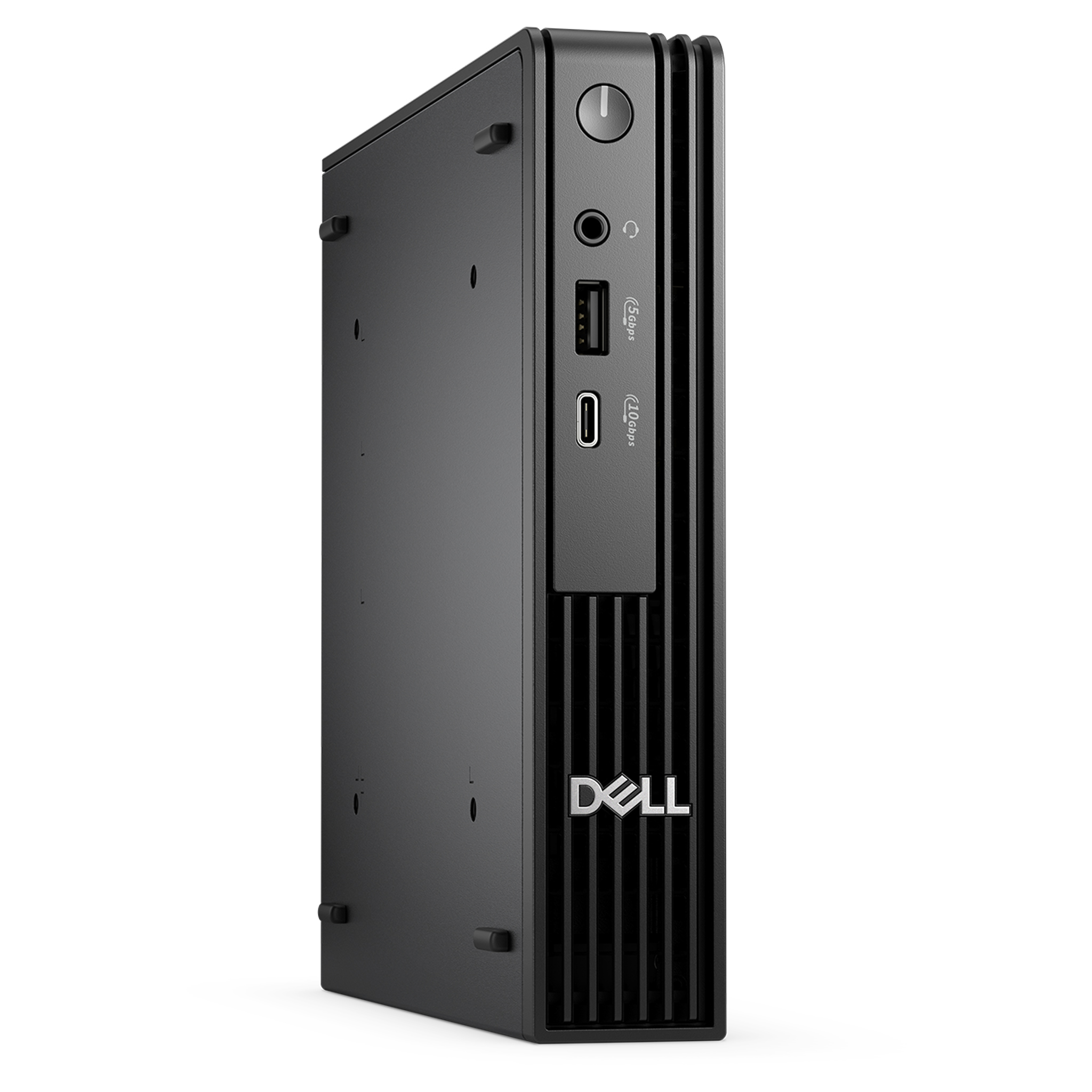 Önünde USB ve ses bağlantı noktalarına sahip siyah bir Dell mini masaüstü bilgisayar.