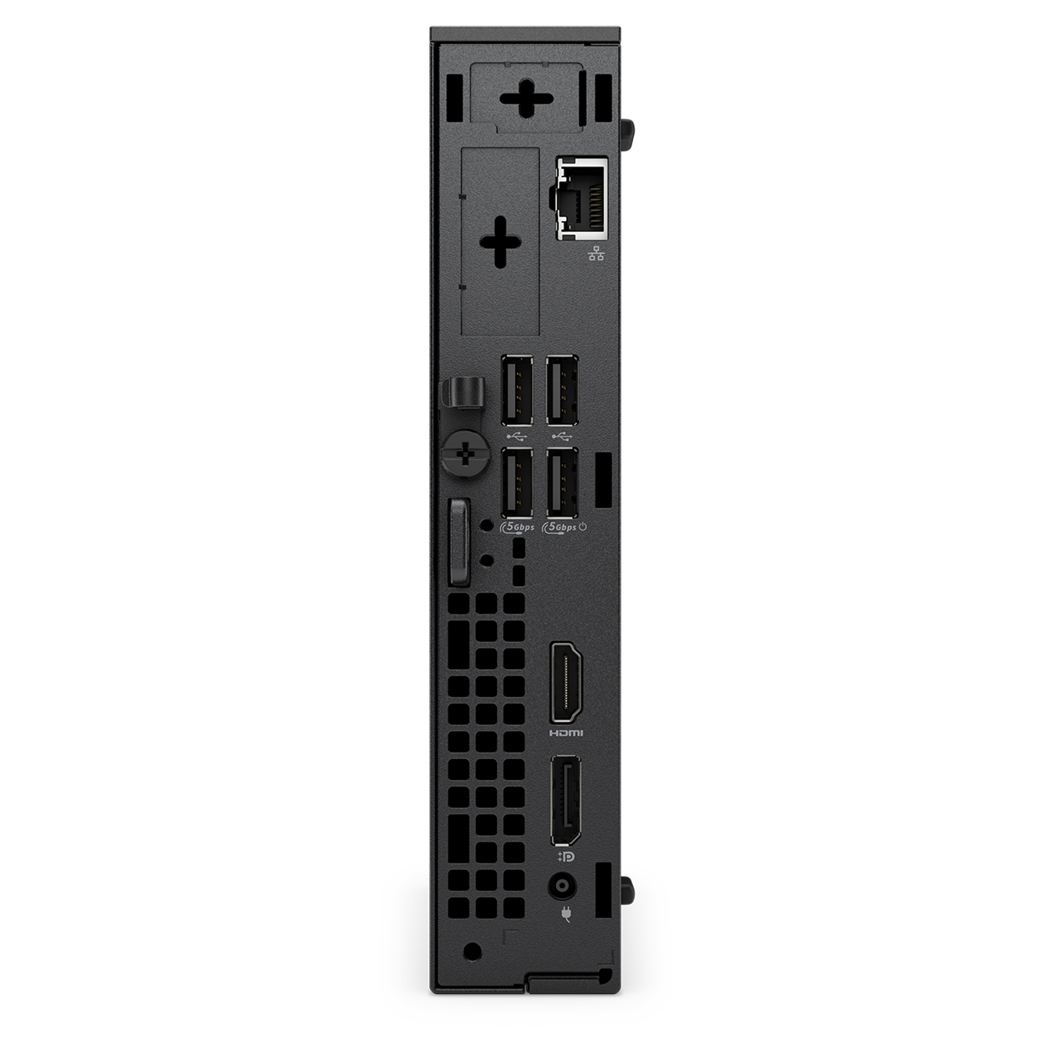 USB, HDMI, Ethernet bağlantı noktaları ve havalandırma delikleri olan siyah bilgisayar kasasının arka paneli.
