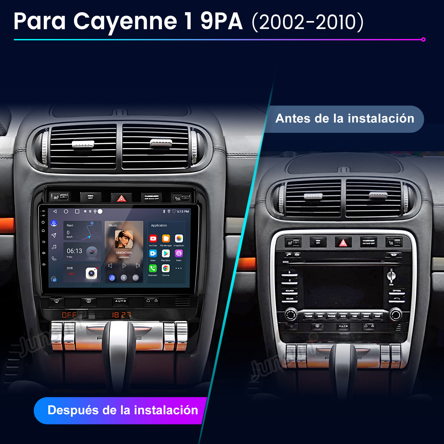 Comparación antes y después de un estéreo de coche Porsche Cayenne con pantalla táctil.