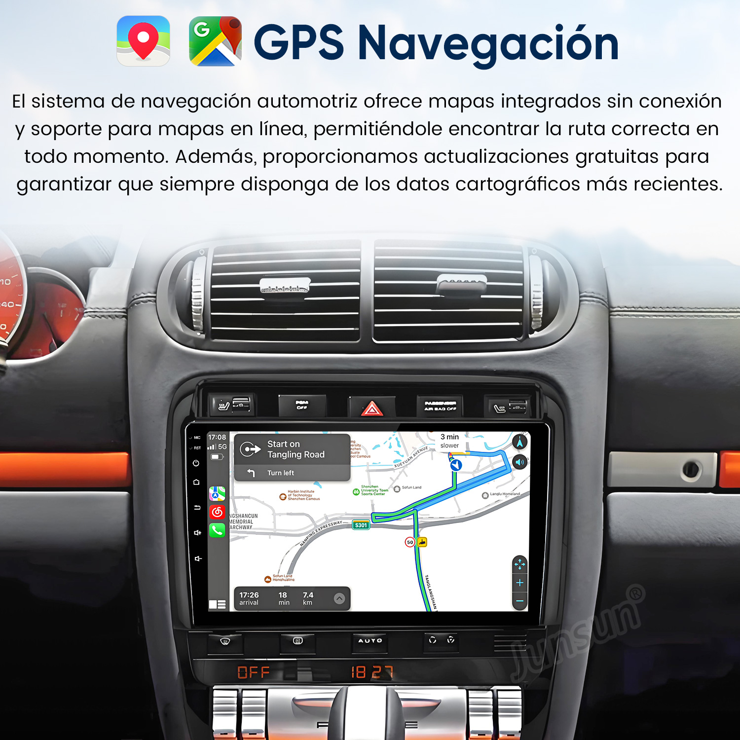 Salpicadero de coche con pantalla de navegación GPS mostrando una ruta.