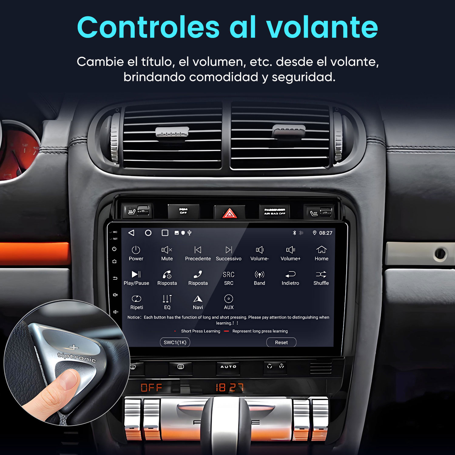 Un dedo presiona una palanca de cambios Tiptronic plateada en el volante de un coche.
