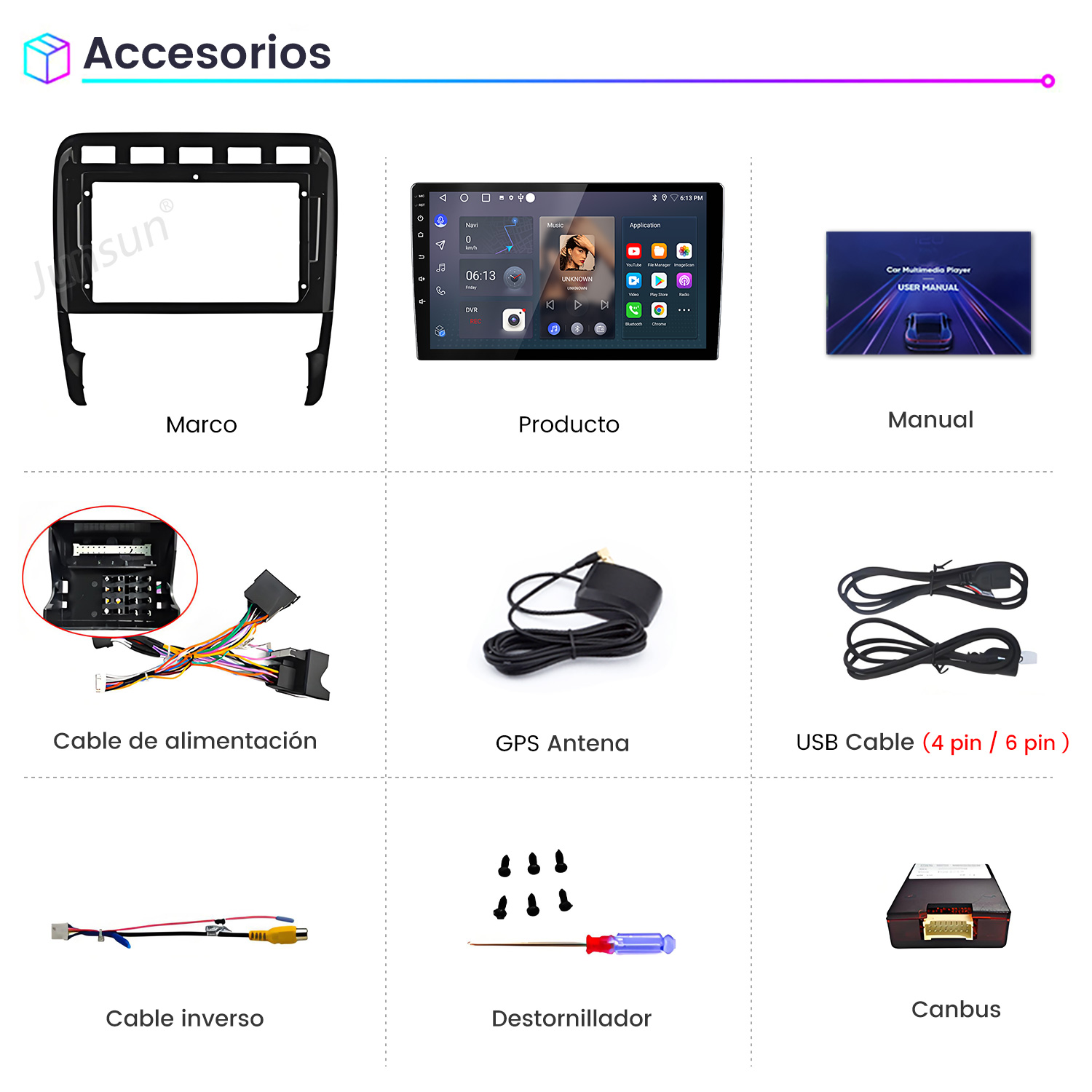 Accesorios: Marco, Reproductor Multimedia, Manual, Cables, Antena GPS, Cable USB, Cable Cámara Reversa, Tornillos, Canbus.