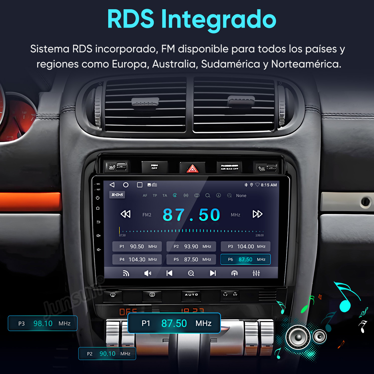 Salpicadero de coche con radio RDS mostrando 87.50 MHz FM. Se ven estaciones preestablecidas.