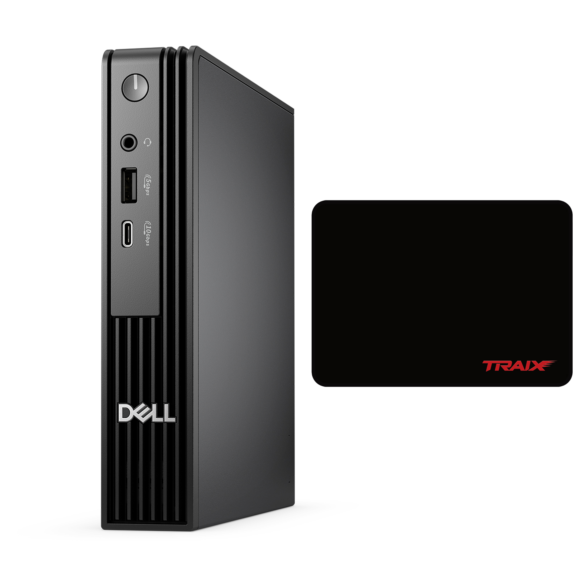 Kırmızı TRAIX logolu siyah fare altlığının yanında siyah Dell mini PC.