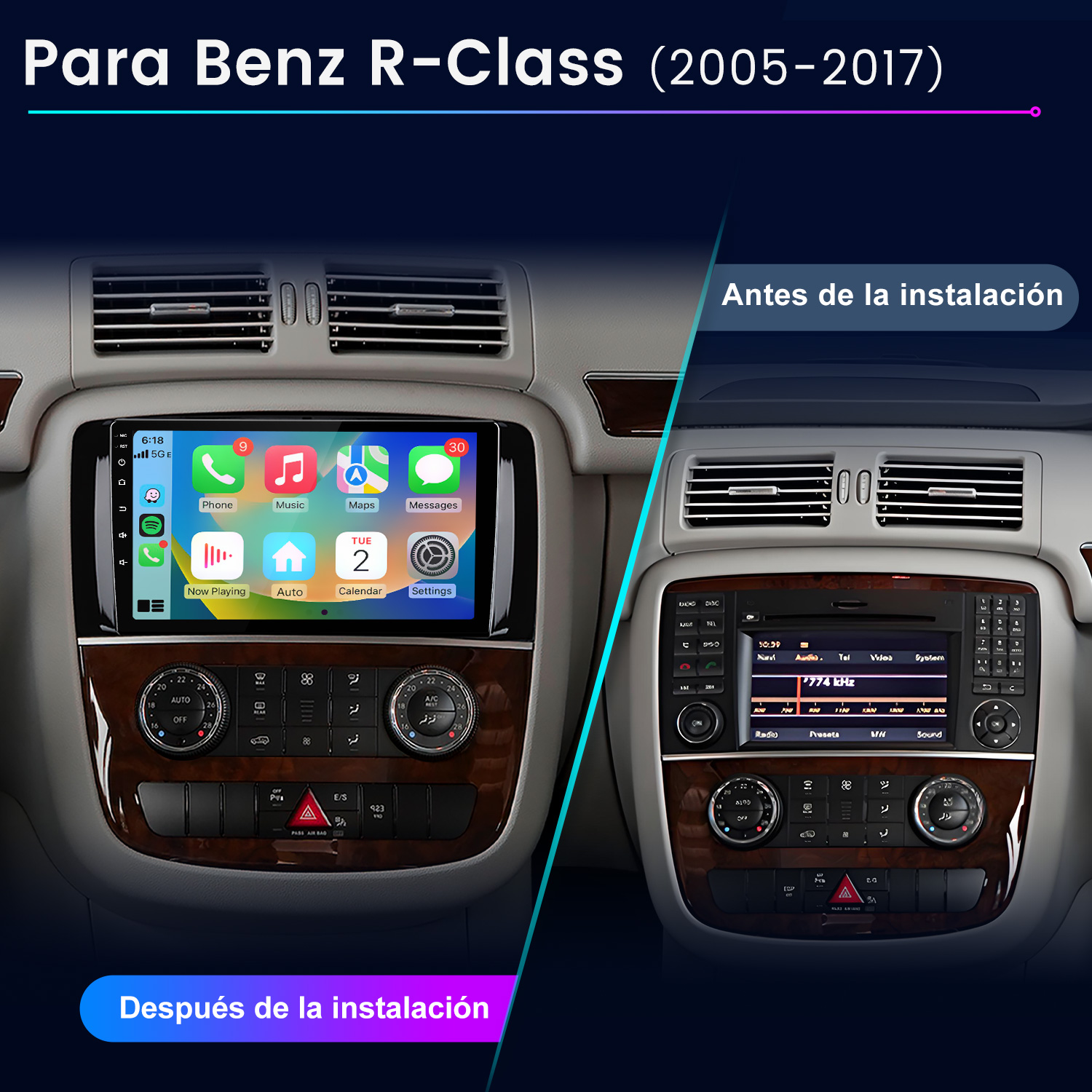 Comparación antes/después: sistema de infoentretenimiento Benz R-Class.