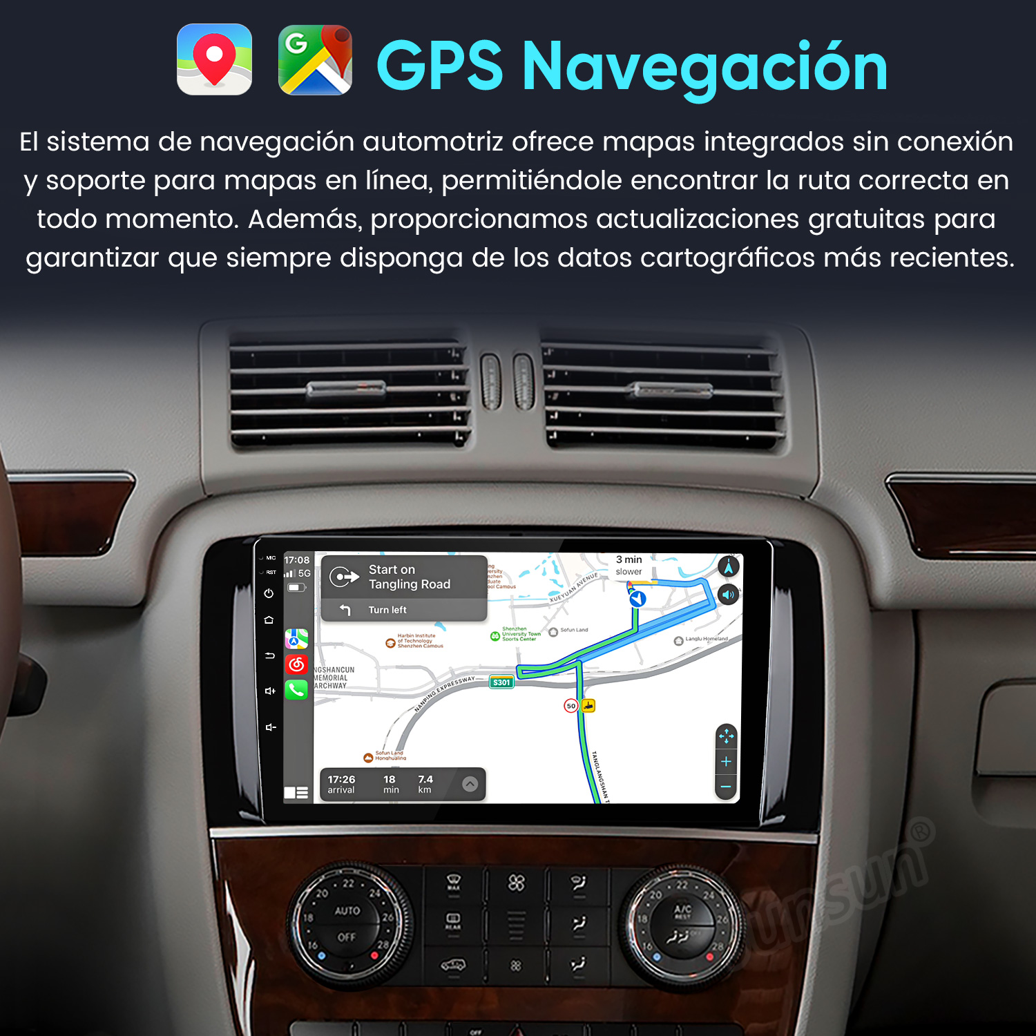 El sistema de navegación de un coche muestra una ruta en su pantalla.
