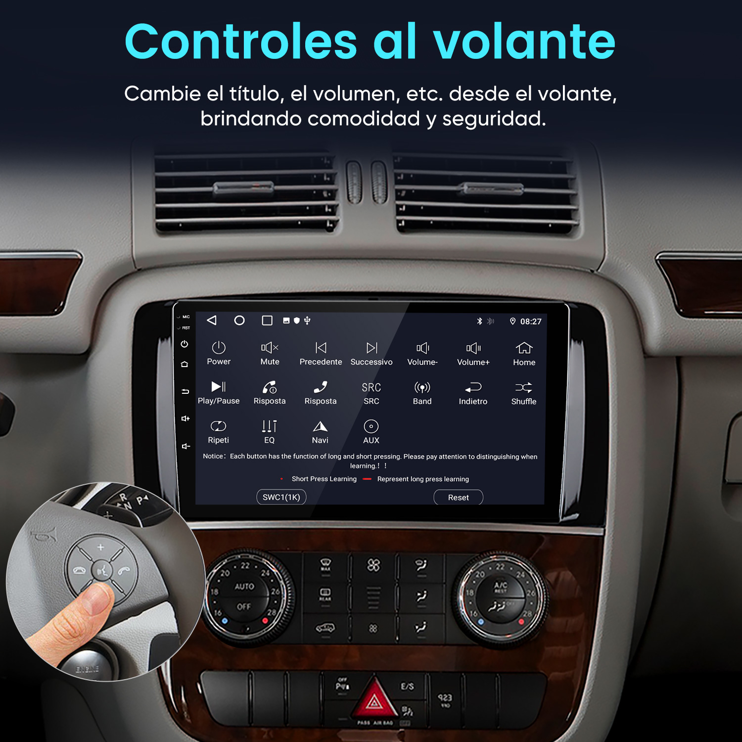 Panel de control de un coche con pantalla táctil y botones en el volante, un dedo pulsando.