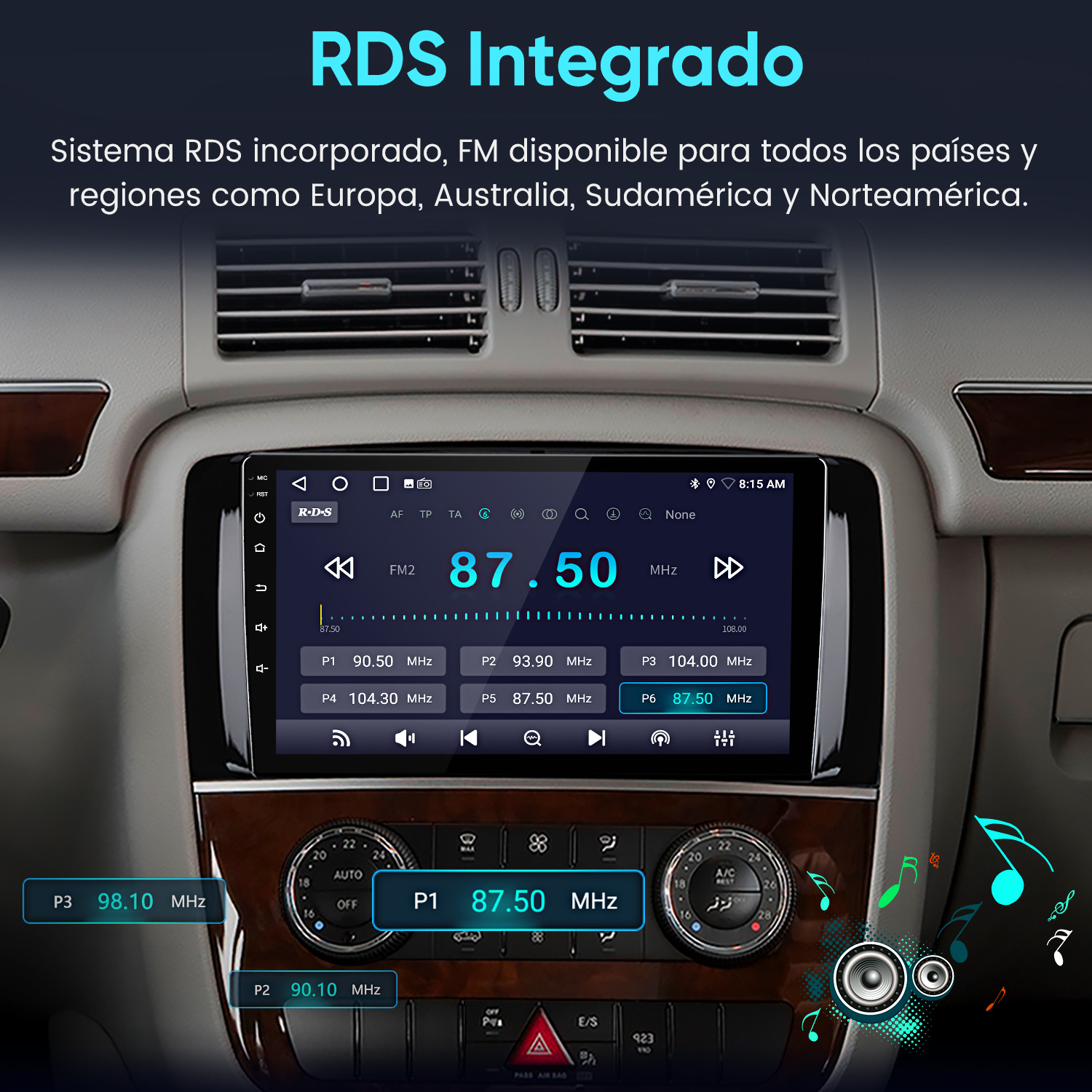 Salpicadero de coche con pantalla de infoentretenimiento mostrando frecuencias FM.