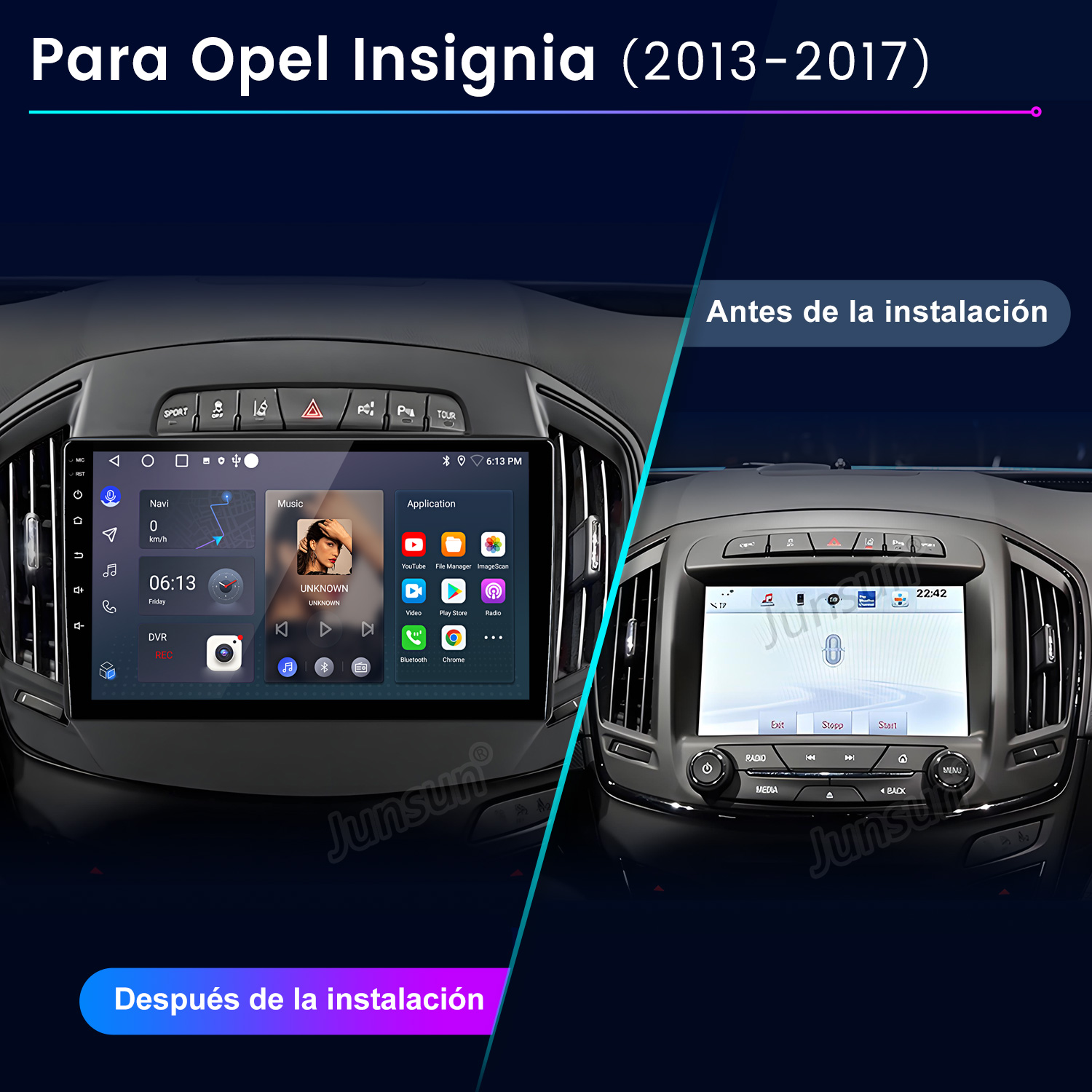 Comparación antes y después de un sistema de infoentretenimiento Opel Insignia.