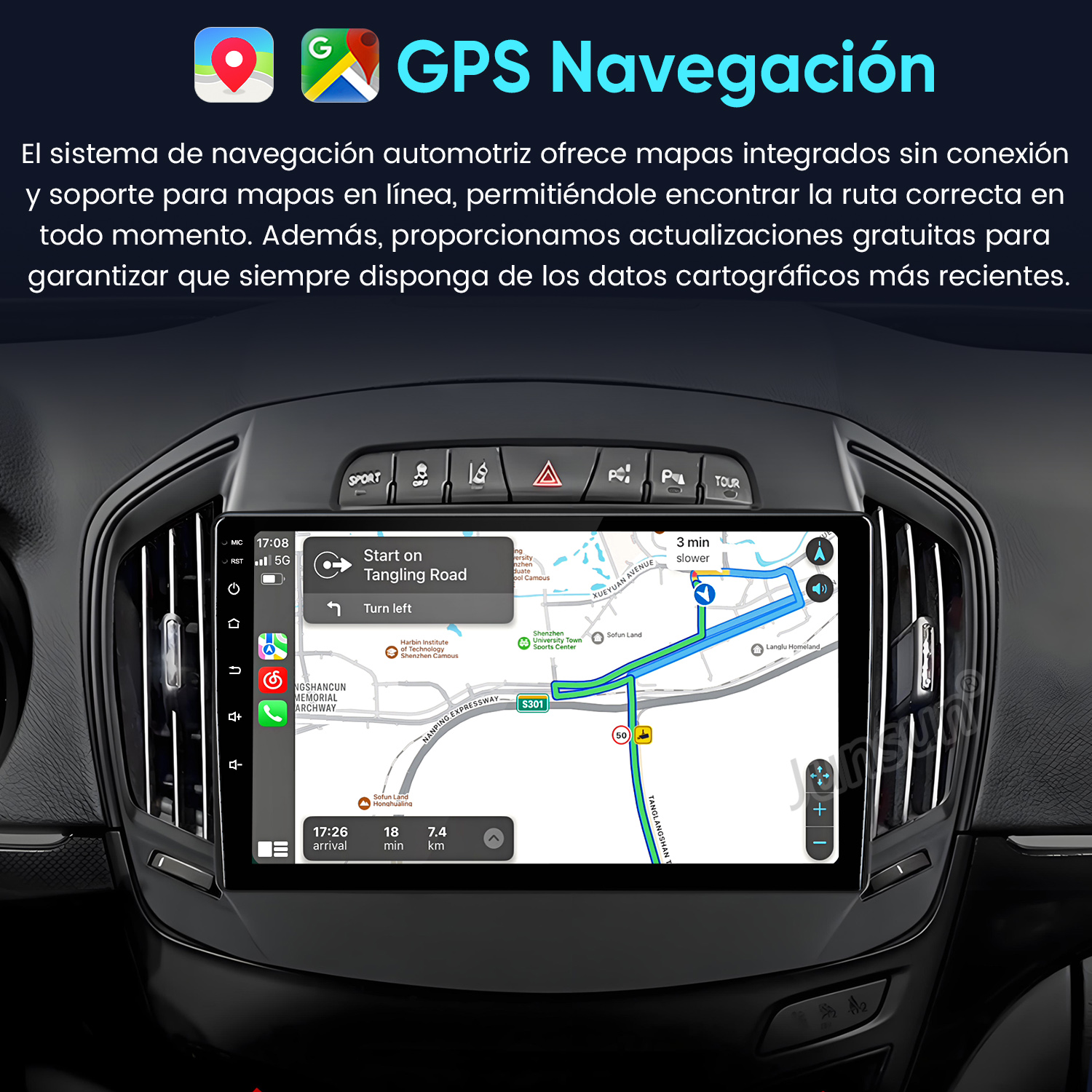 Salpicadero de coche mostrando una pantalla de navegación GPS con una ruta.