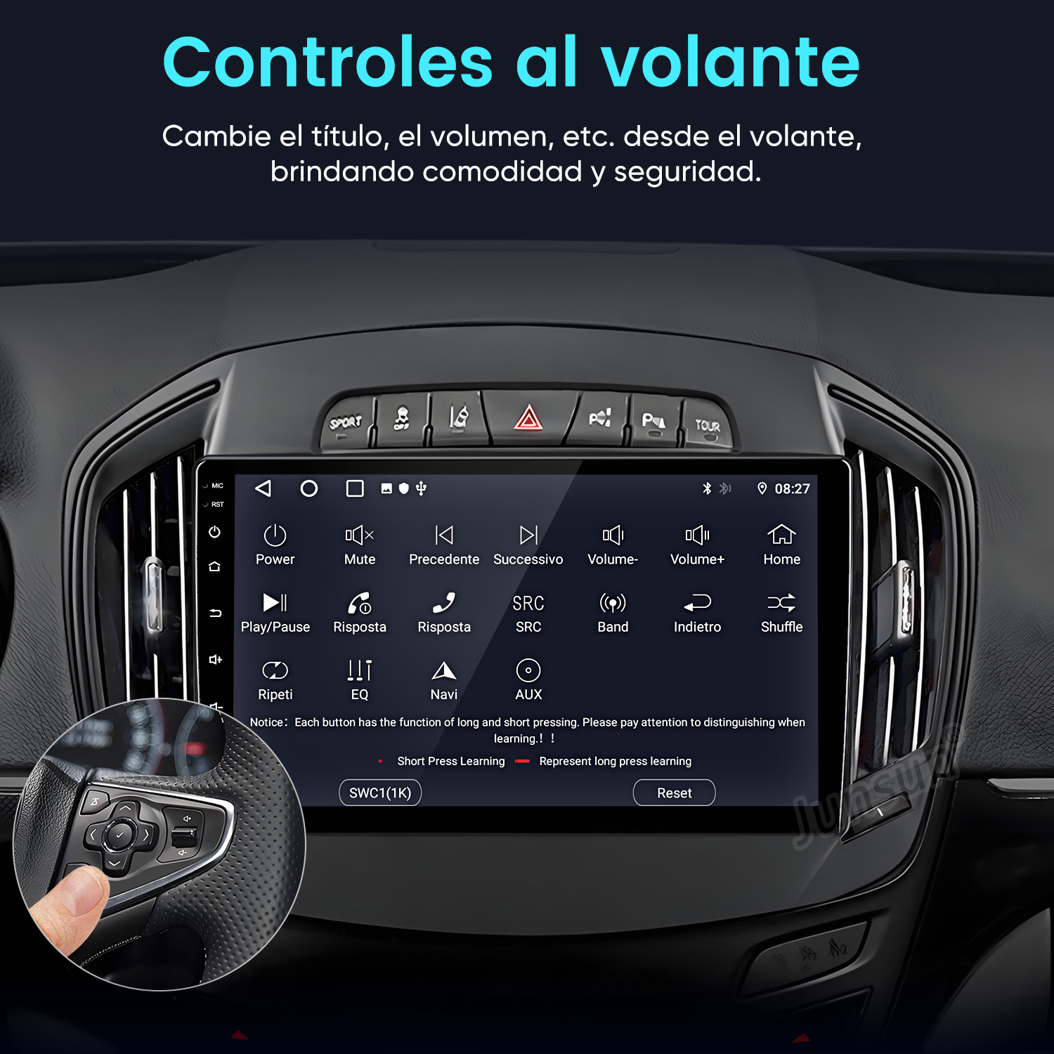 Un volante con un sistema de infoentretenimiento en pantalla táctil que muestra varios controles.