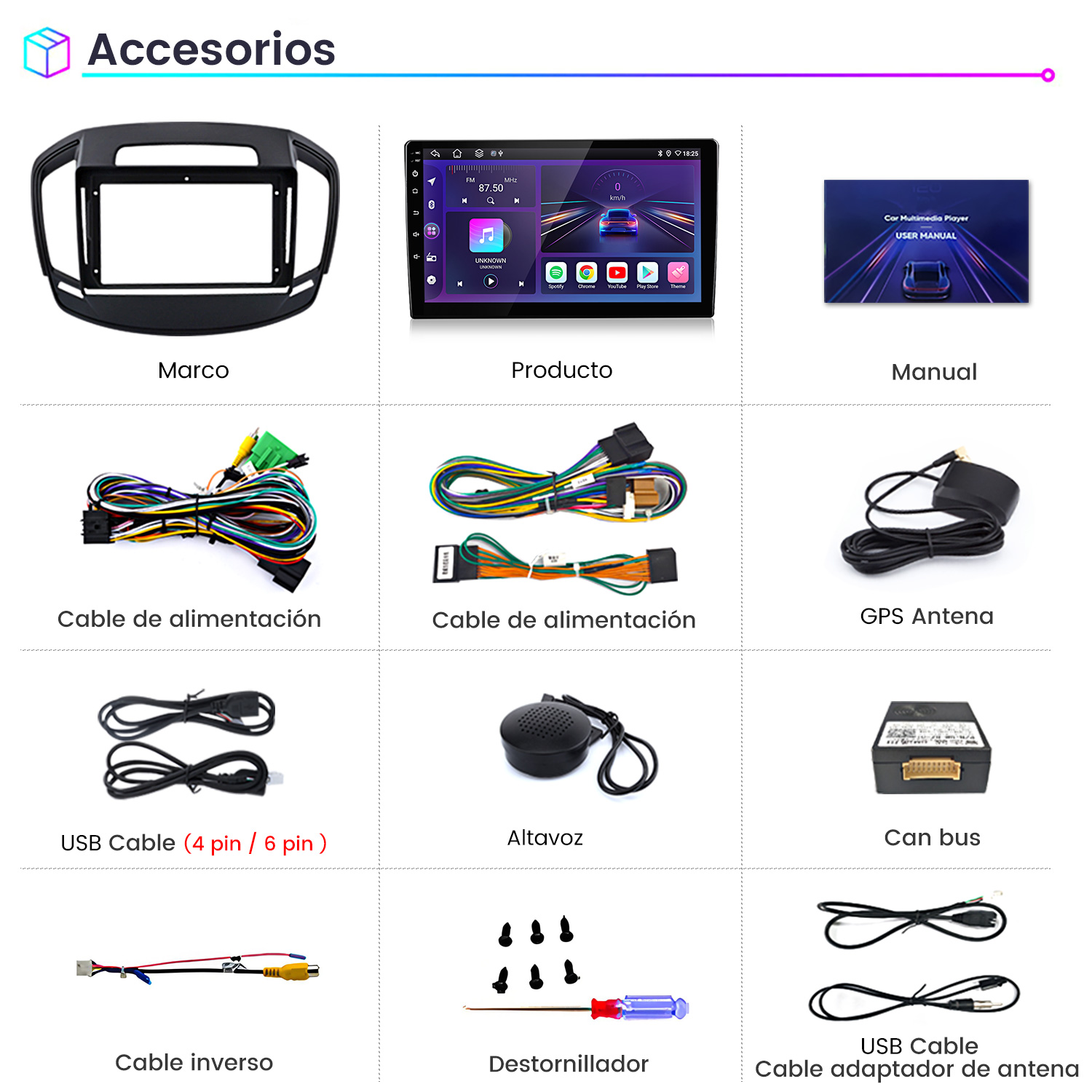 Marco de radio de coche, dispositivo táctil, manual, cable de alimentación, antena GPS.