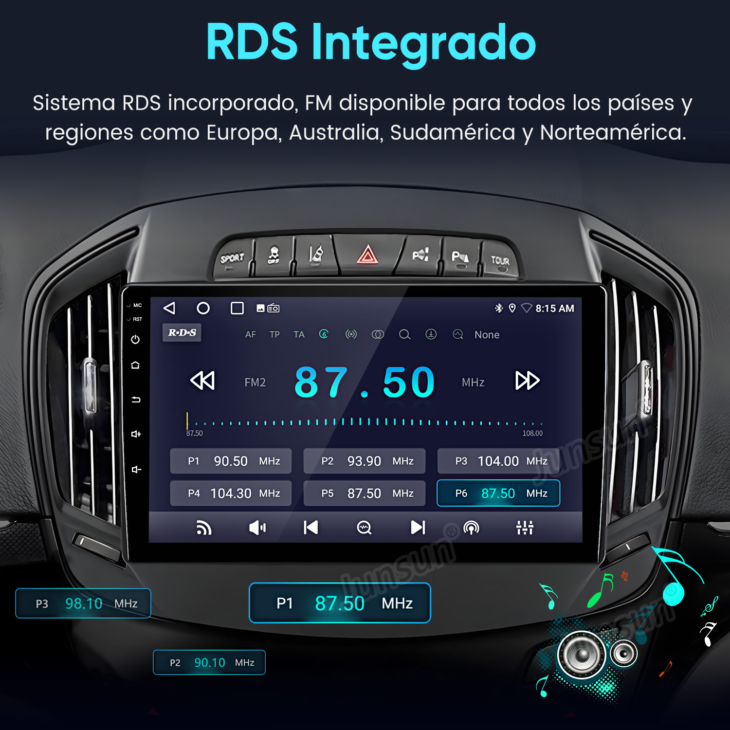 Una pantalla de radio de coche muestra la frecuencia FM 87.50 MHz y presintonías.