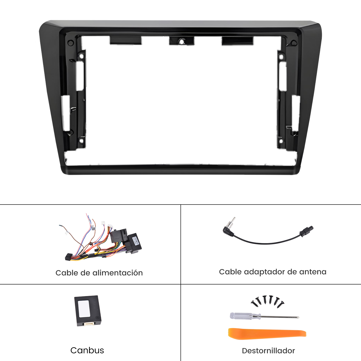 Un marco negro de instalación para radio de coche, con cables, adaptador de antena, Canbus y herramientas.