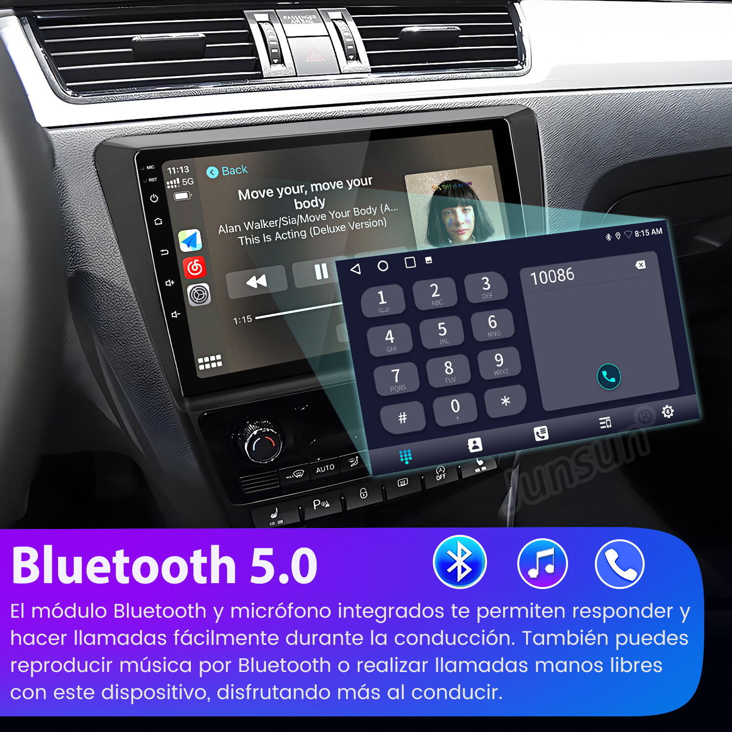 Pantalla de infoentretenimiento del coche con reproductor de música y teclado numérico.