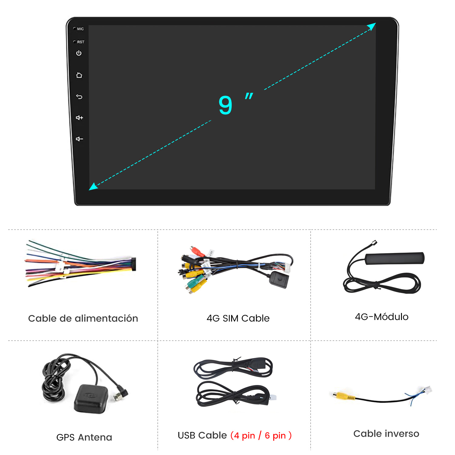 Una pantalla de 9 pulgadas con varios cables y antenas.