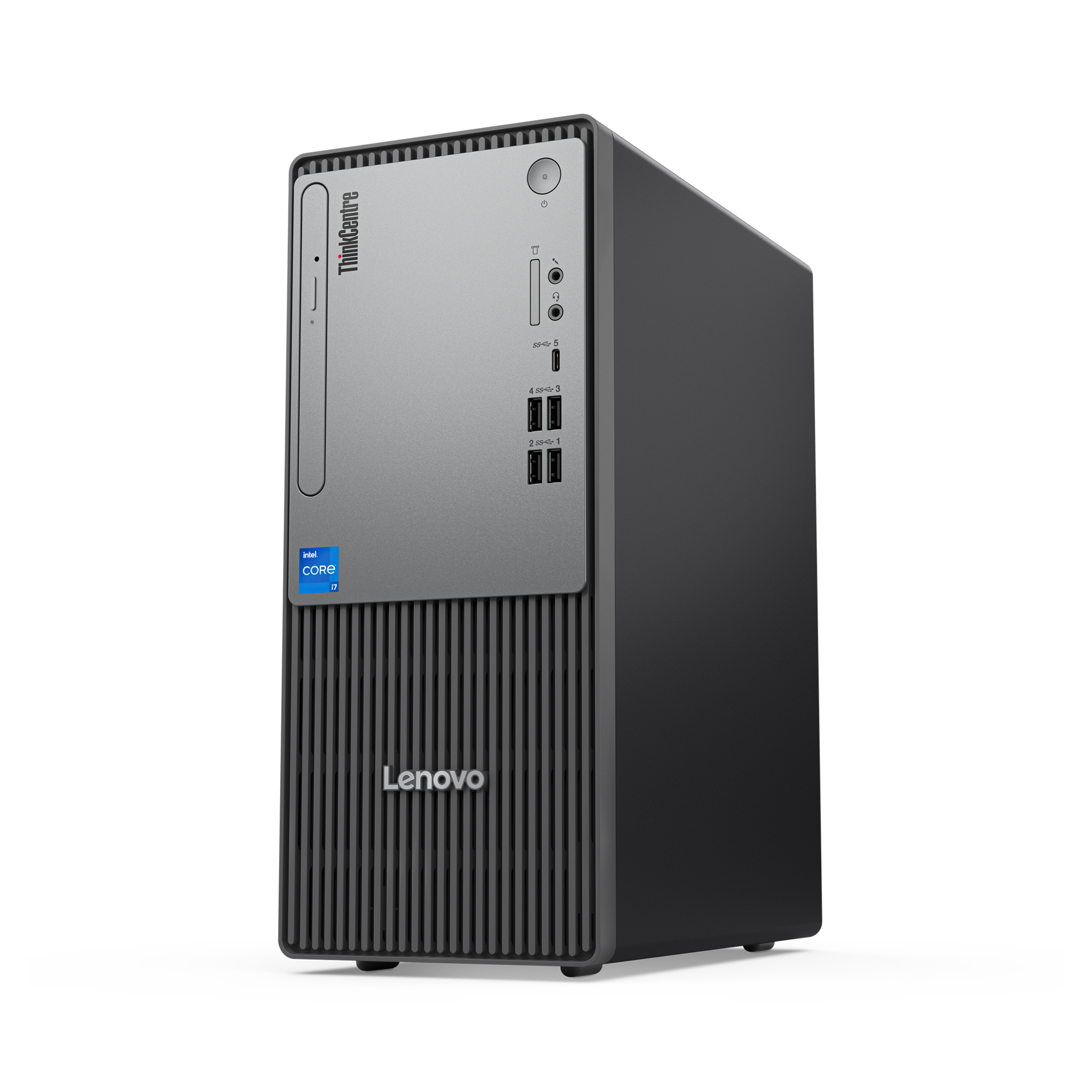 Intel Core i7 etiketli siyah Lenovo ThinkCentre PC.