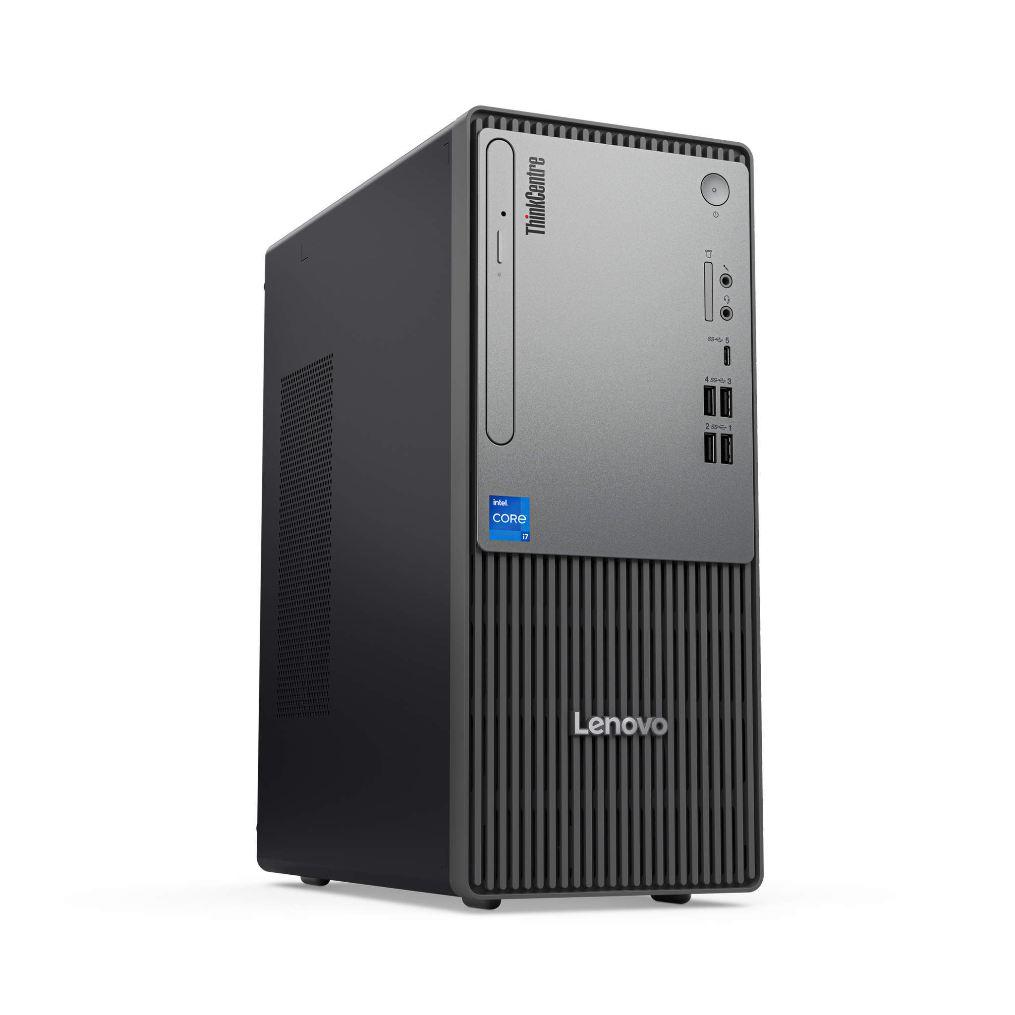 Intel Core i7 etiketli ve bağlantı noktalarına sahip siyah Lenovo ThinkCentre PC.