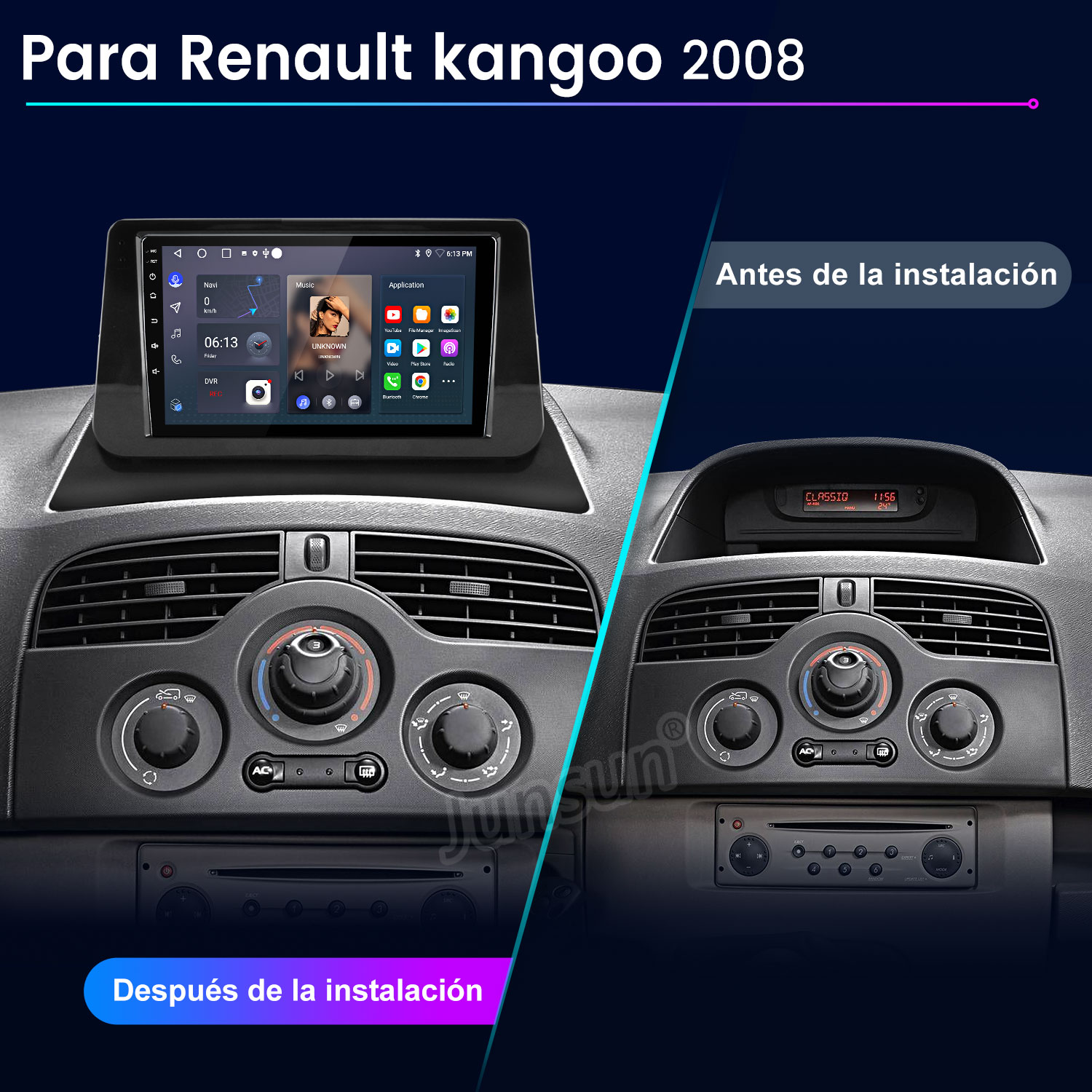 Comparación antes y después de una radio de coche Renault Kangoo 2008.