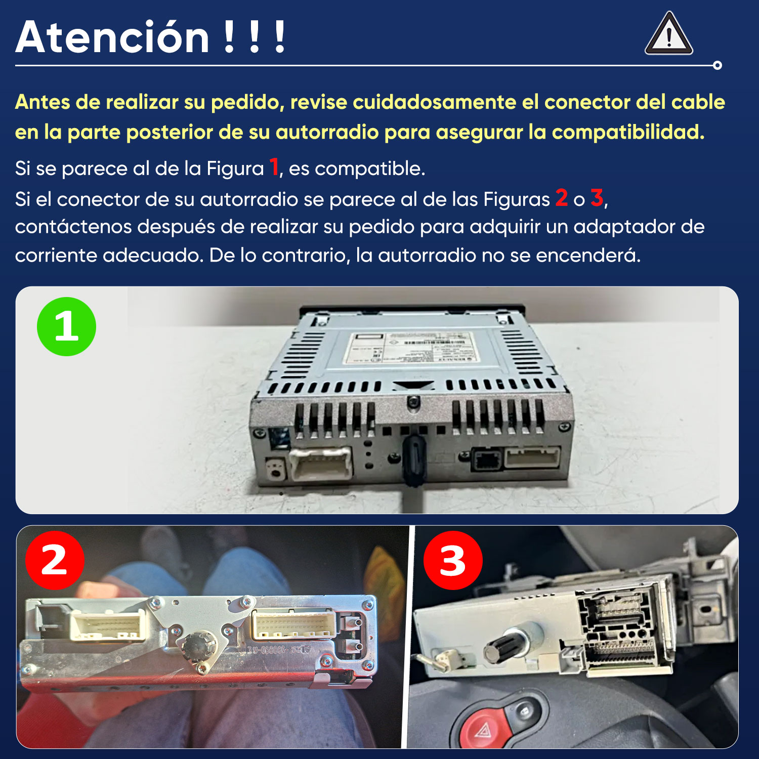 Parte trasera de una radio de coche mostrando conectores e instrucciones.
