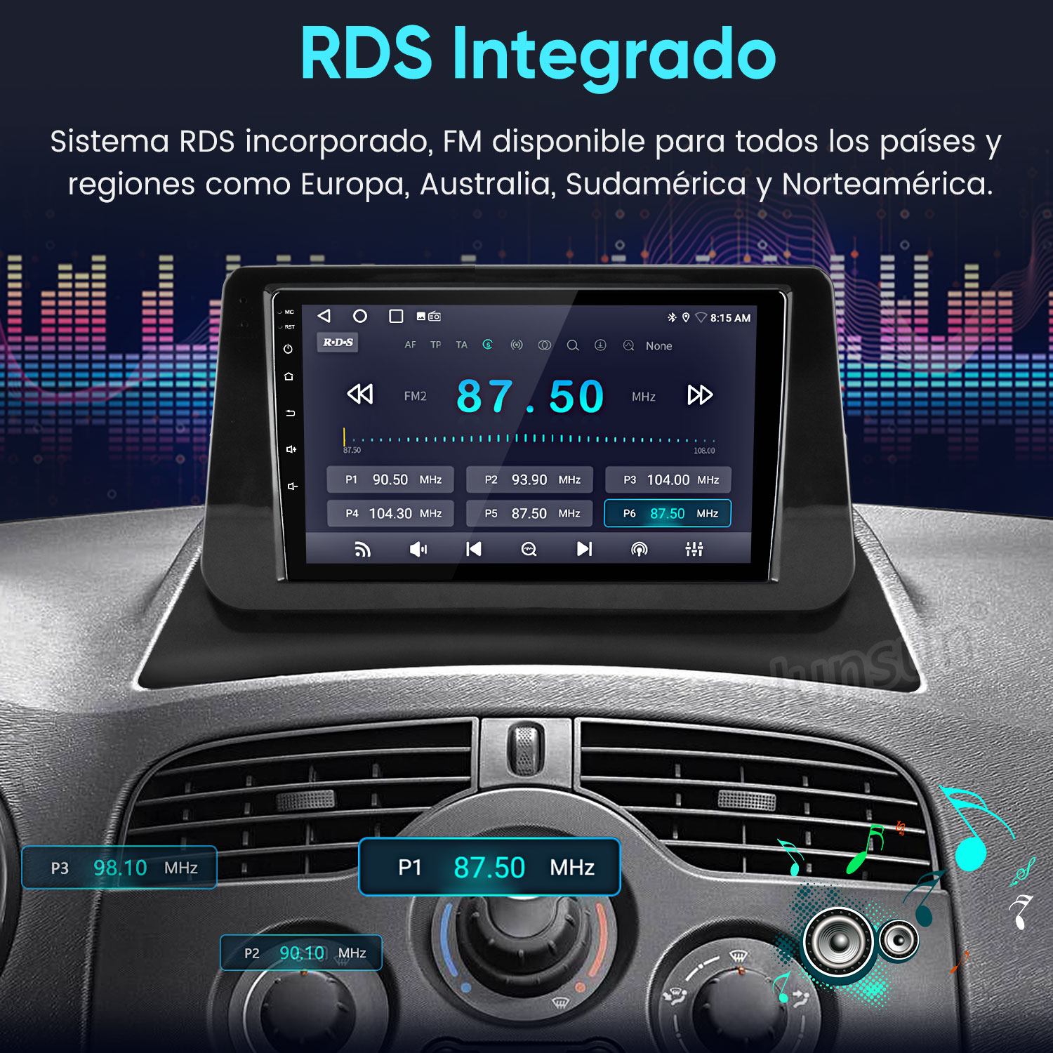 Radio de coche mostrando 87.50 MHz FM2 con emisoras guardadas.