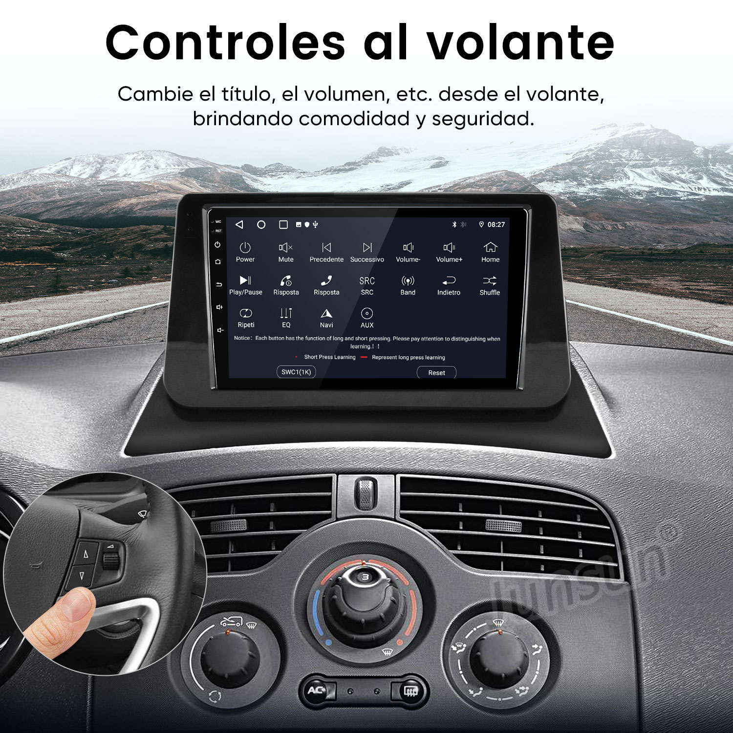 Un dedo presiona un botón del volante; una pantalla táctil muestra controles del coche.