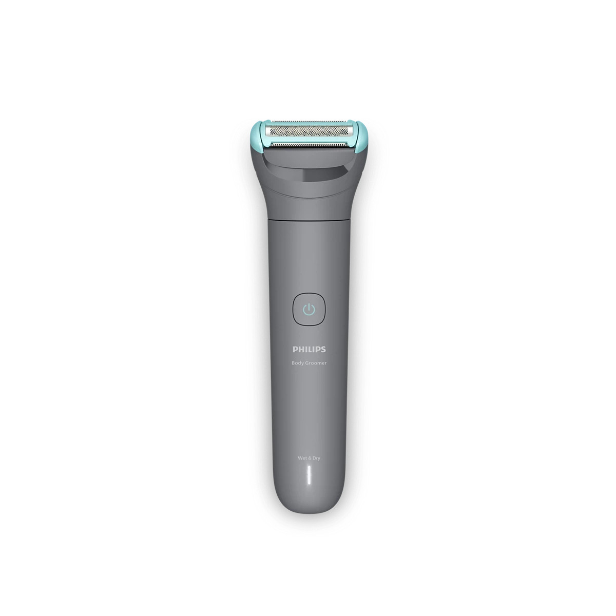 Un Body Groomer Philips grigio con dettaglio blu sulla testina. Pulsante di accensione.