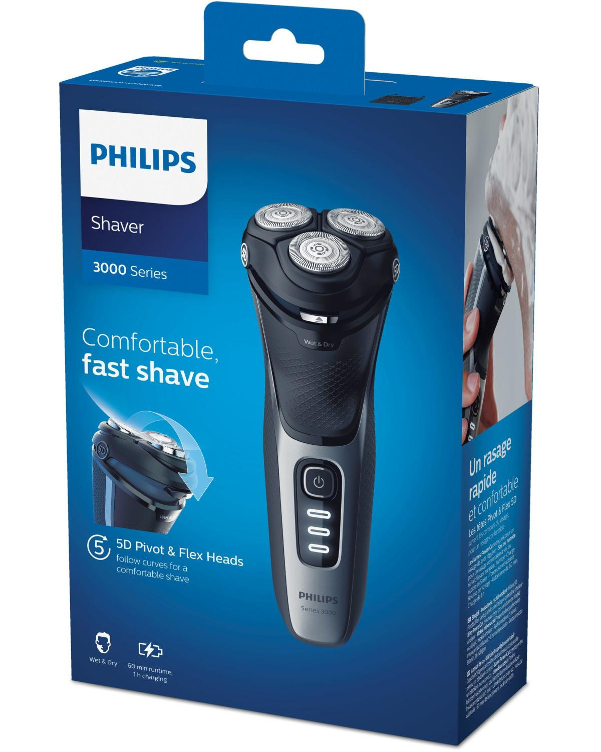 Philips Afeitadora Serie 3000 con cabezales 5D Pivot & Flex en caja azul.