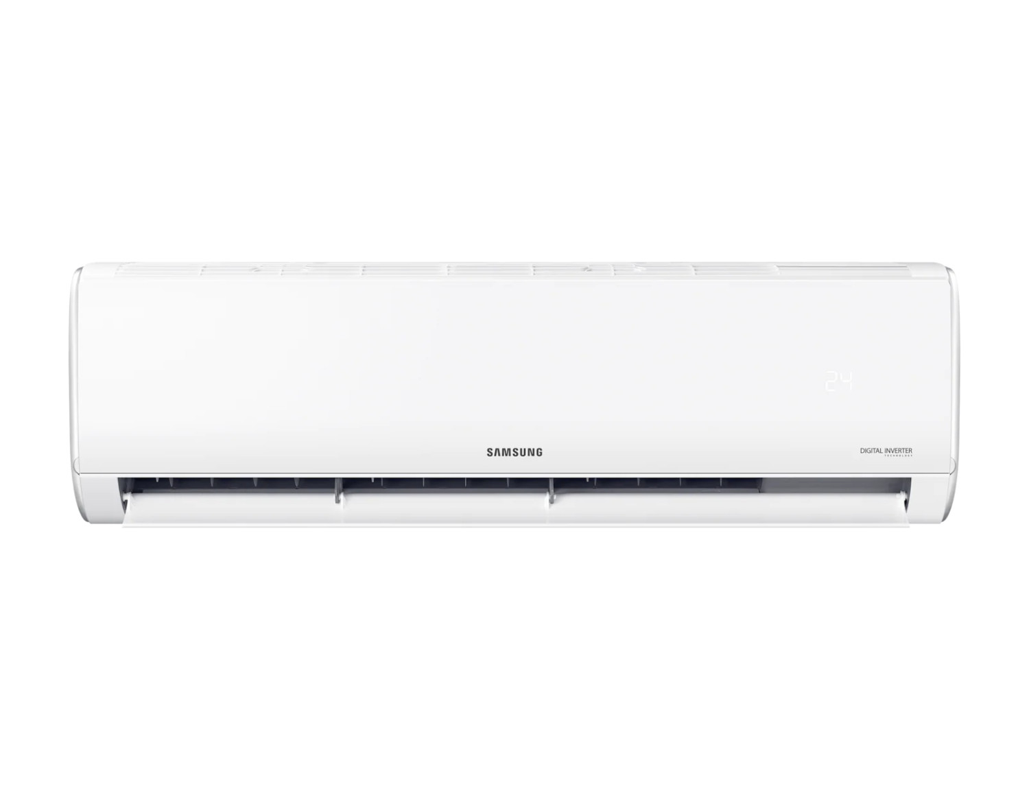 Unità interna del condizionatore Samsung bianca con display digitale.