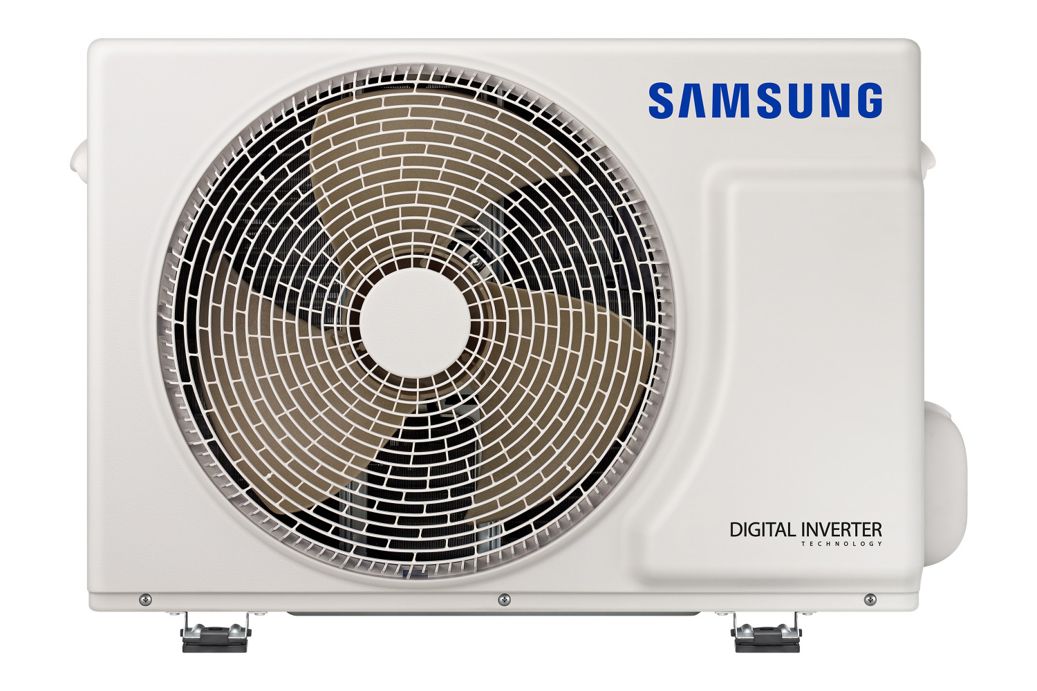 Unità esterna condizionatore Samsung bianca con grande ventola e tecnologia Digital Inverter.