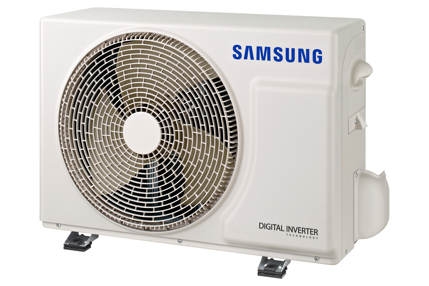 Unità esterna condizionatore Samsung bianca con griglia ventola e scritte blu.