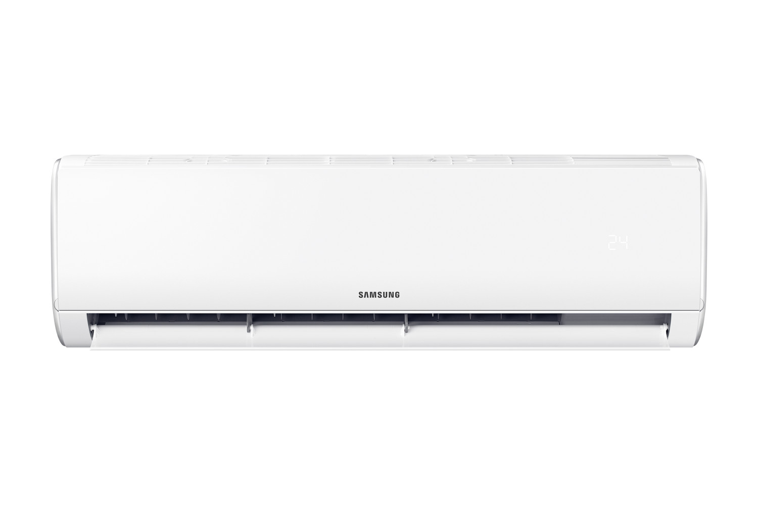 Unità interna condizionatore Samsung bianca con display a 24 gradi.