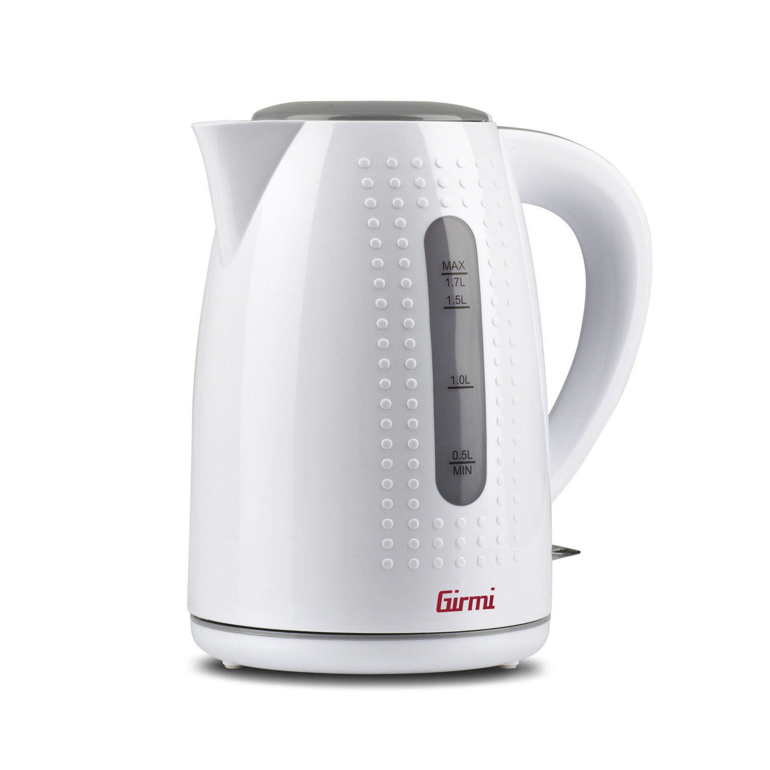 Een witte Girmi waterkoker met waterniveau-indicator en handvat, geïsoleerd op witte achtergrond.