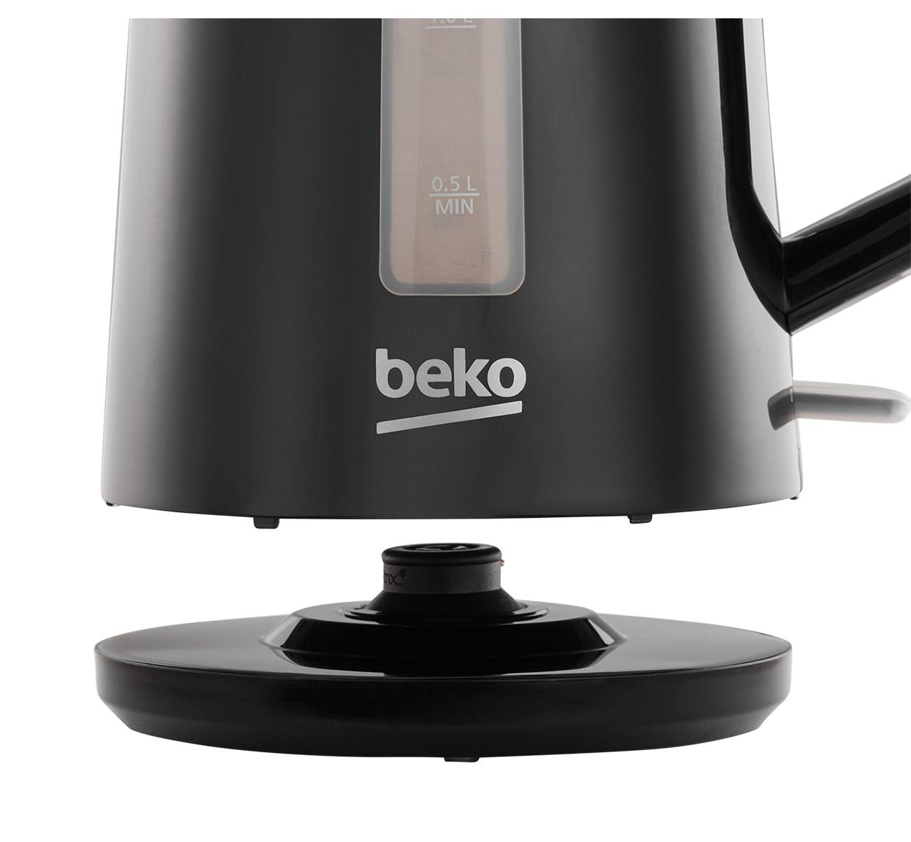 Zwarte waterkoker met waterniveauvenster en Beko-logo op zwarte voet.