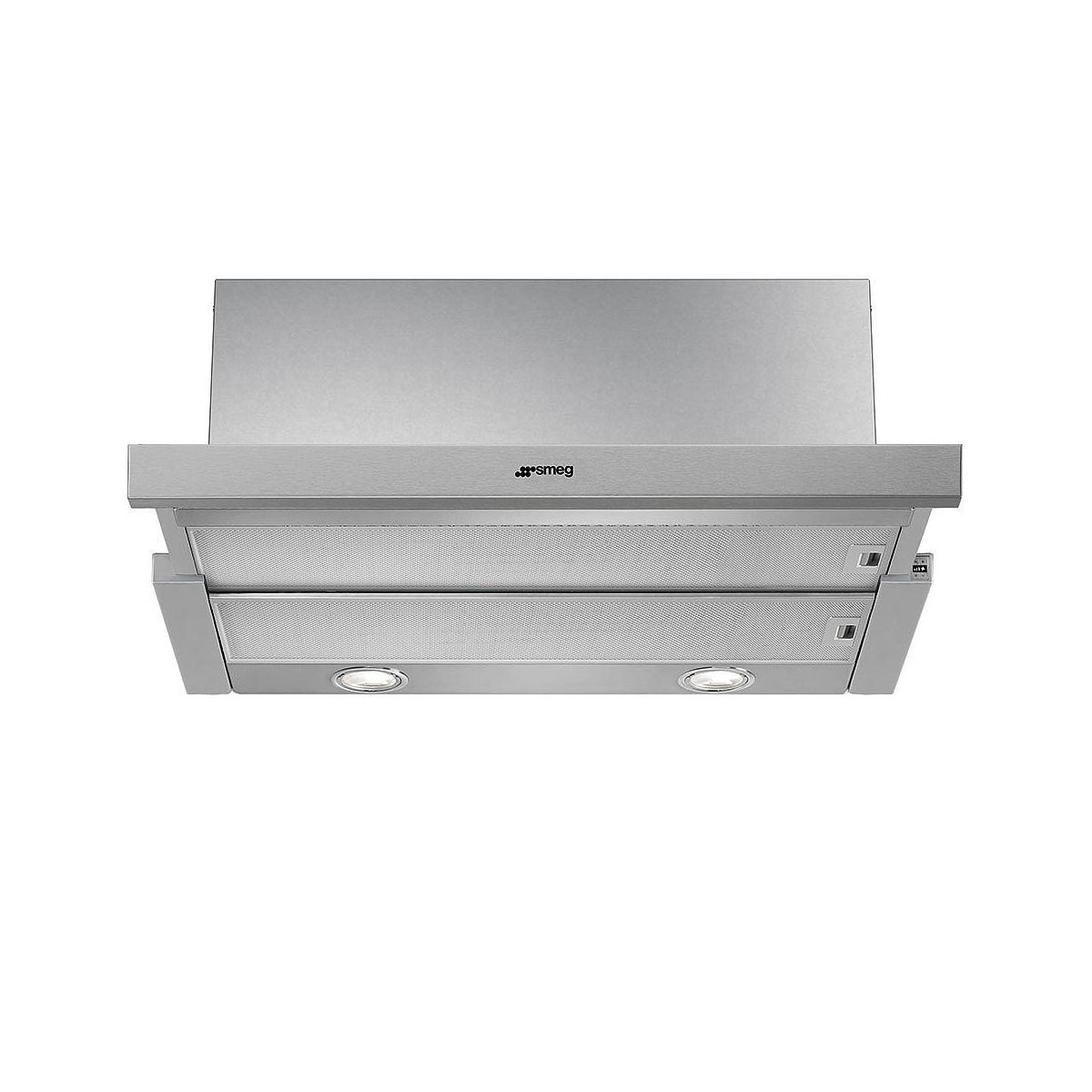 Una campana extractora plateada con el logo de Smeg y dos luces.