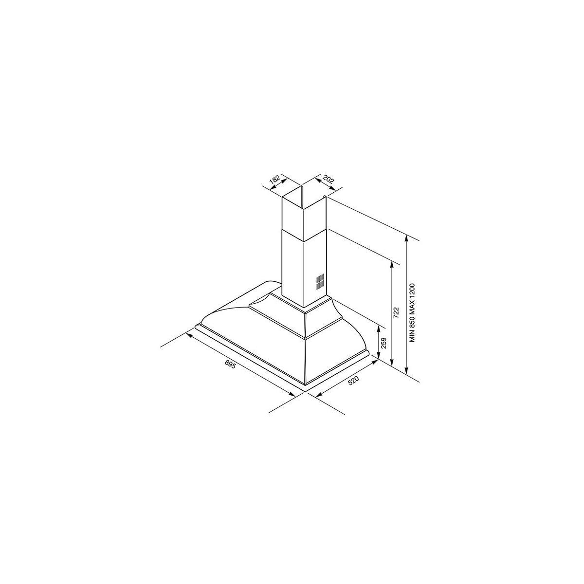 Dibujo técnico de una campana extractora con dimensiones.