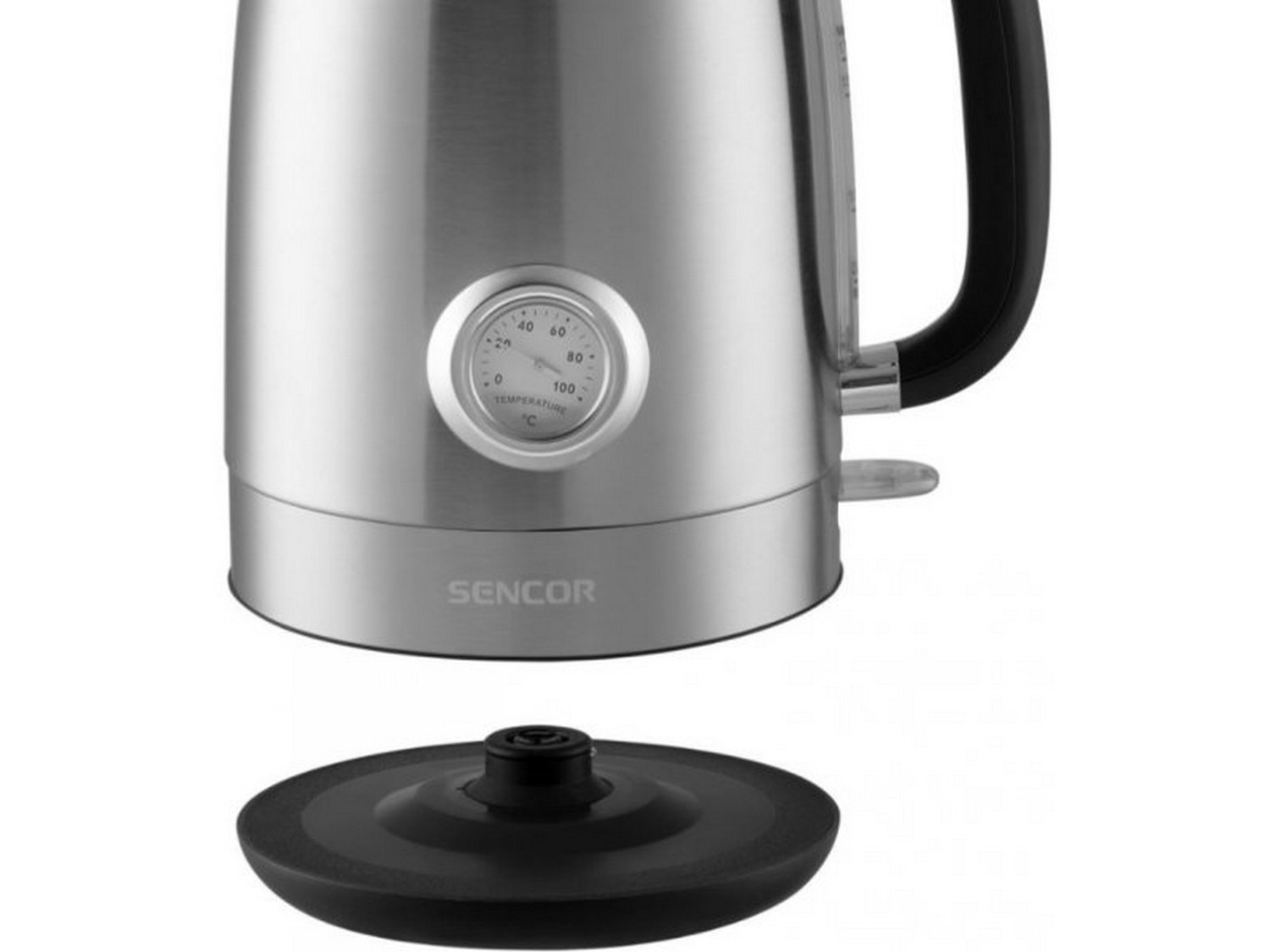 Ein silberner Sencor-Wasserkocher mit Thermometer und abgenommenem schwarzem Sockel.