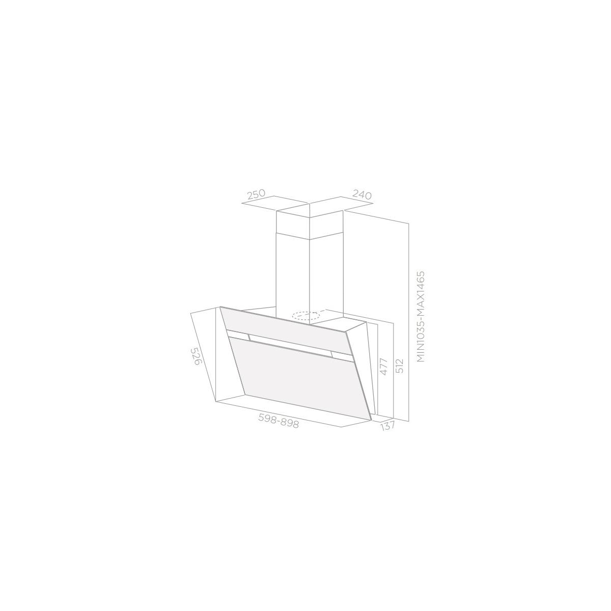 Disegno tecnico di una cappa aspirante con dimensioni.