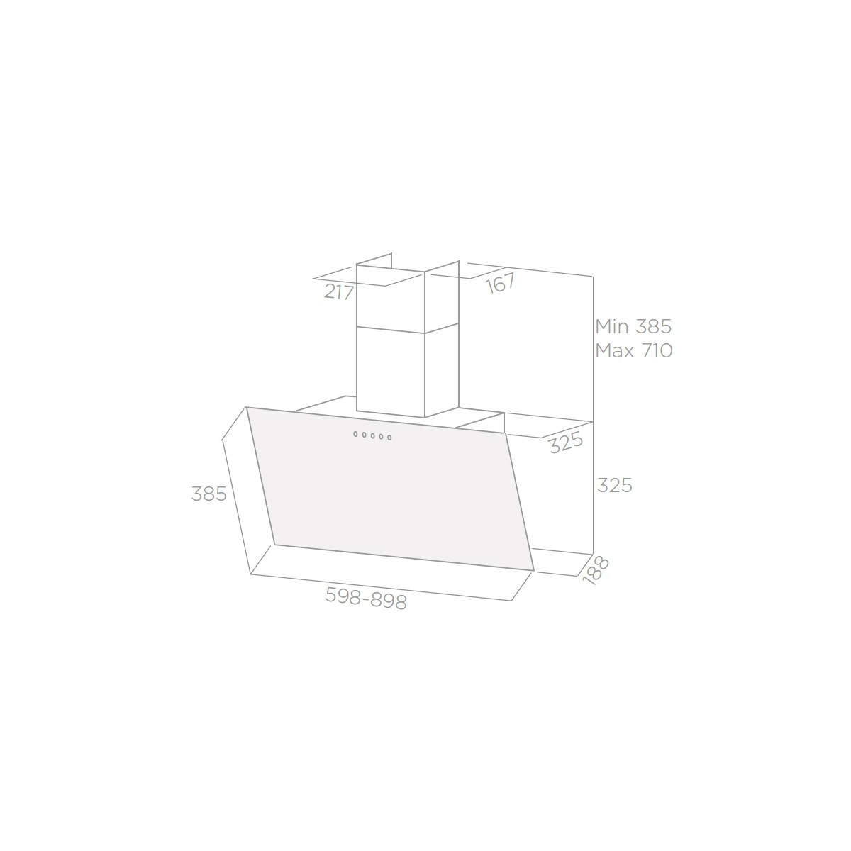 Disegno tecnico di una cappa aspirante con dimensioni.