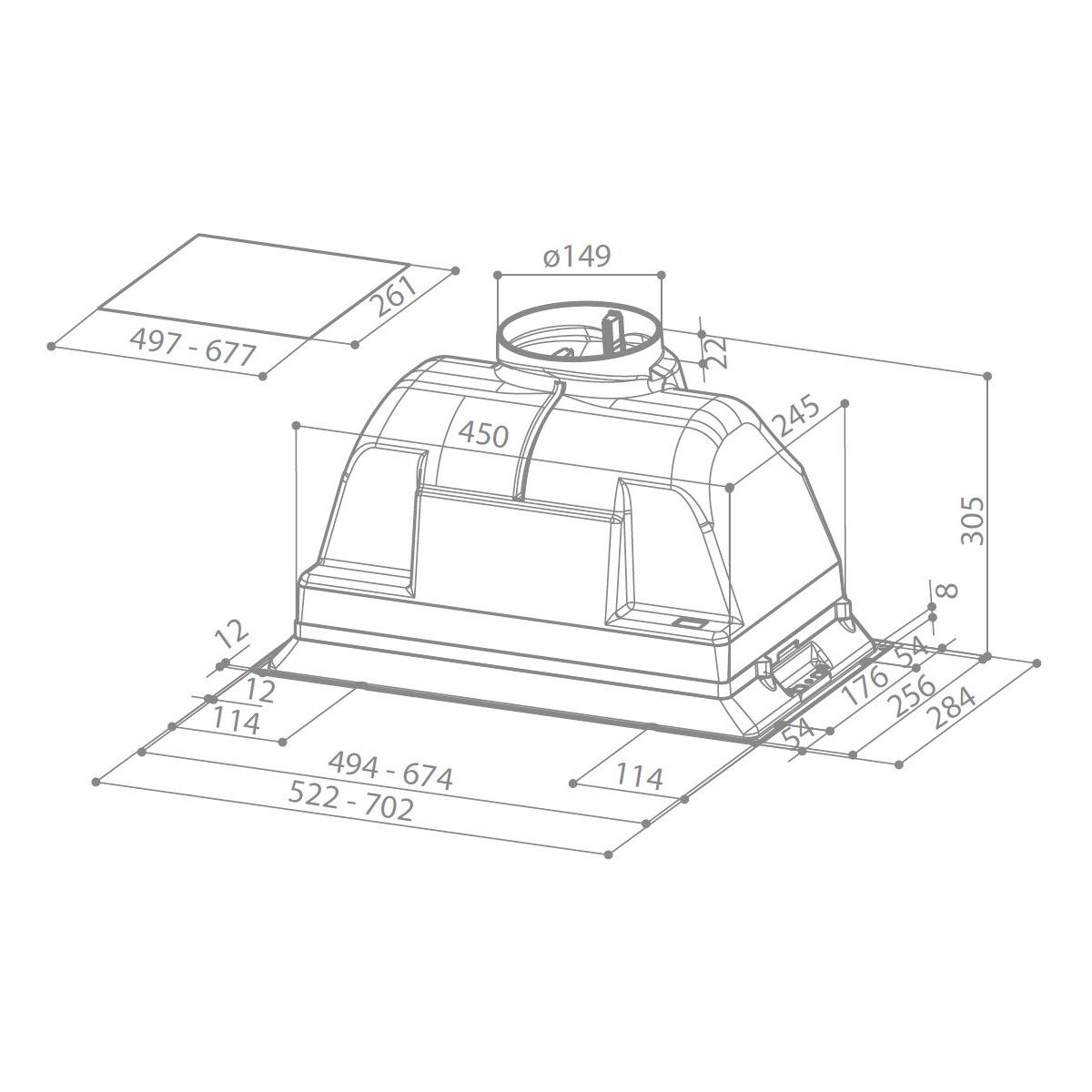 Disegno tecnico di una cappa da cucina con dimensioni. Mostra viste dall'alto, laterali e frontali.